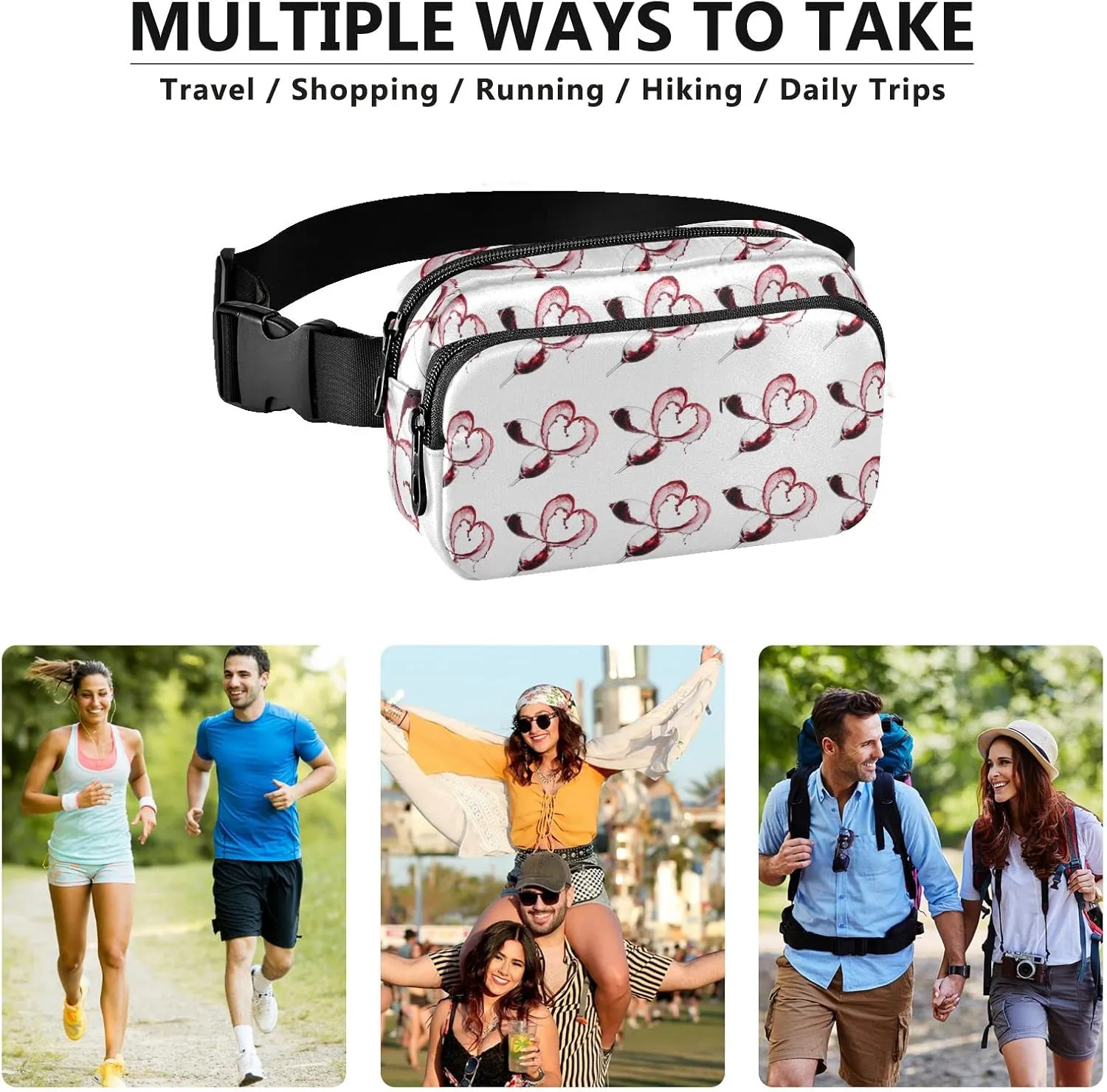 Oyihfvs Two Red Wine Glasses with Heart Over White Background Adjustable Fanny Waist Pack Pouch, Waterproof Runners Sports Waist Pack Wallet for Sports Hiking Fitness Cycling Gym Women Men