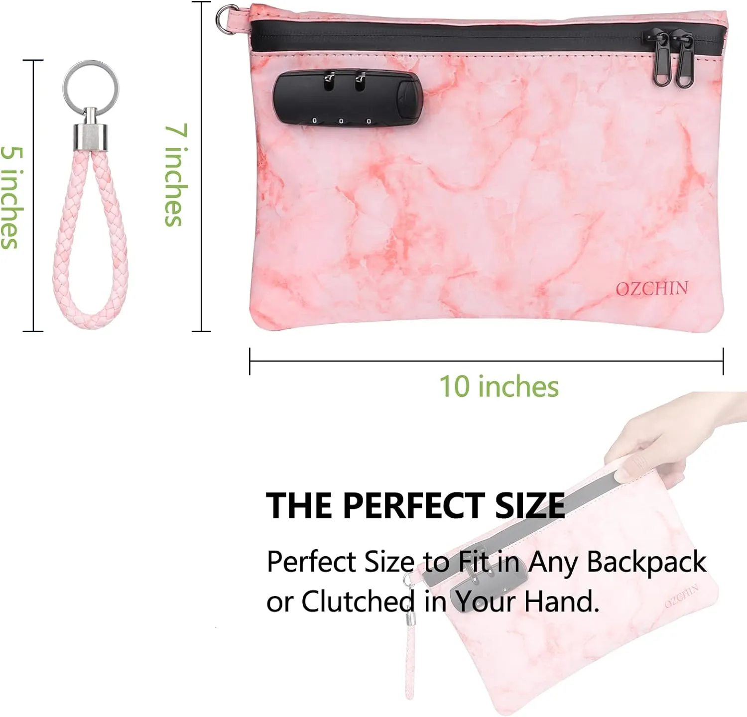 OZCHIN Smell Proof Bag with Combination Lock Certificates Organizer PU Leather Lock Bag Travel Storage Case 10 x 7 inches Great Christmas Gifts for Women(Pink)