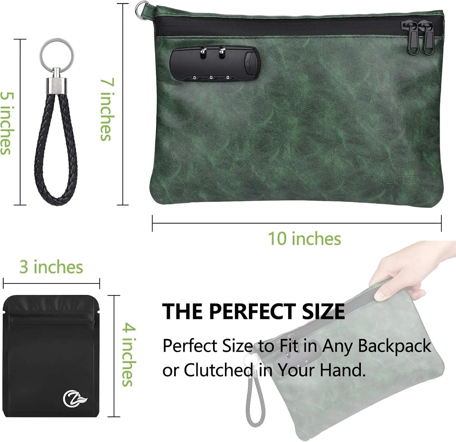 OZCHIN Smell Proof Bag with Combination Lock Certificates Organizer PU Leather Lock Bag Travel Storage Case 10 x 7 inches Great Gifts for Women (Green)