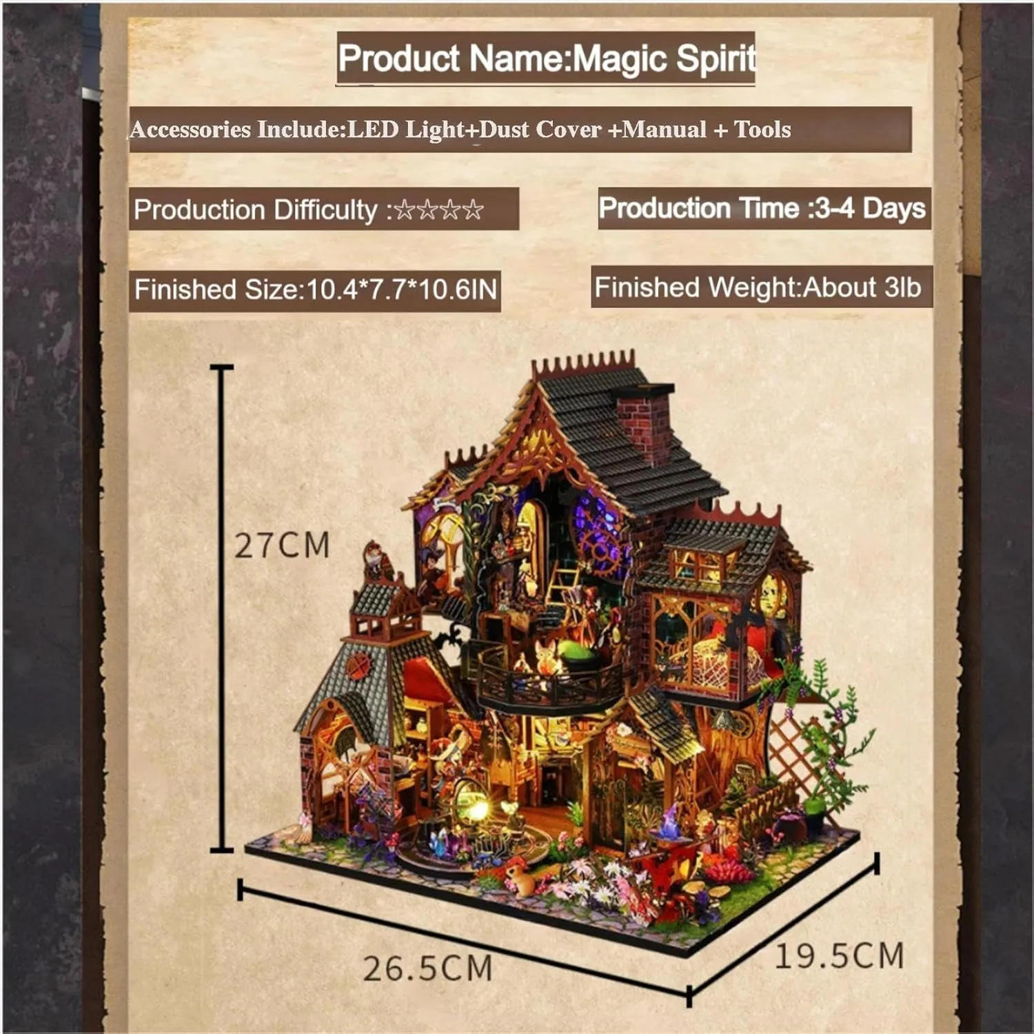 OZJAY DIY Miniature House Kit with Dust Proof Cover & Small Tools, DIY Wooden Dollhouse Miniature Kit for Adults Teen, Wooden Crafts Magic Dollhouse Kit, Home Decor - Magic Spirit