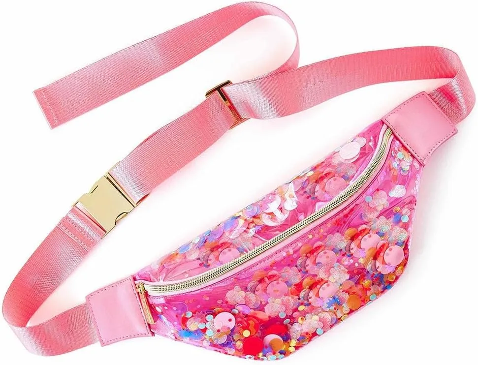 Packed Party Clear Pink Confetti Belt Bag, Fashionable Designer Fanny Pack For Women, Nylon Bum Bag With Adjustable Strap and Small Pouch, Great For Workouts, Traveling, Running, Hiking or Shopping