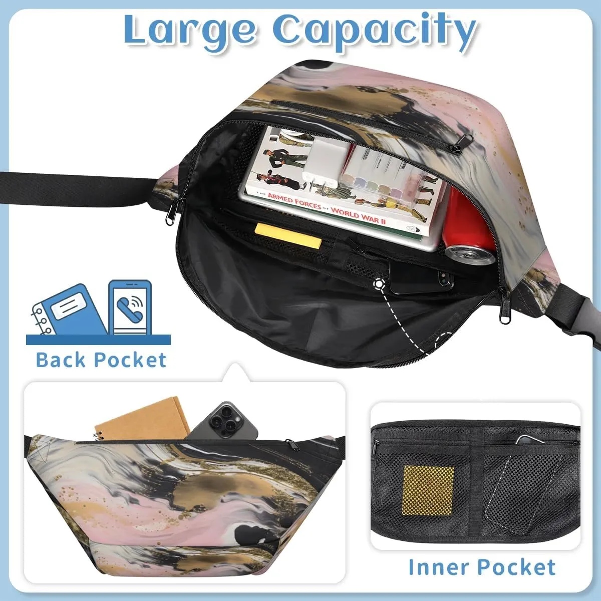 Palette Marble Sling Bag Crossbody Backpack Chest Daypack for Women Sport Travel Hiking Casual Bag Multipurpose Waist Pack With Zipper Closure Adjustable Strap Shoulder Bag