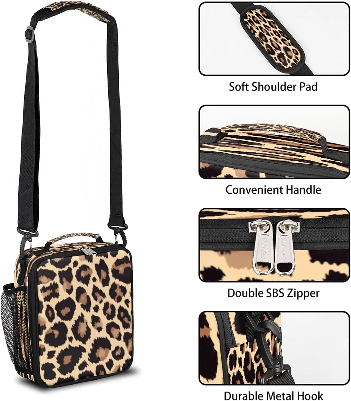 Pardick Leopard Lunch Box for Kids,Students Leopard Animal Skin Print Lunch Bag Tote with Adjustable Shoulder Strap,Insulated Thermal Girls Boys Lunchbox Cooler Bag for School Picnic Travel Outdoor