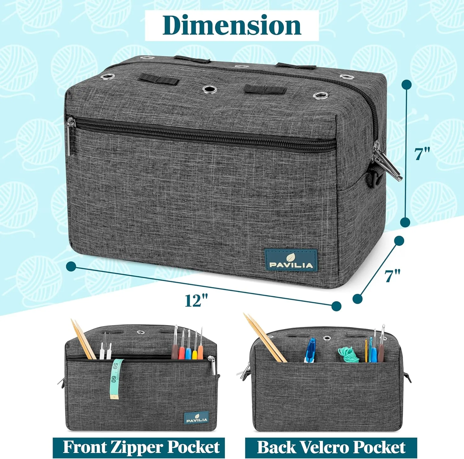 PAVILIA Yarn Bag Knitting Crochet Bag Organizer, Yarn Bags For Crocheting On The Go, Yarn Storage Project Bag for Crochet Knitting Accessories, Gifts For Crocheter Knitter, Charcoal Grey