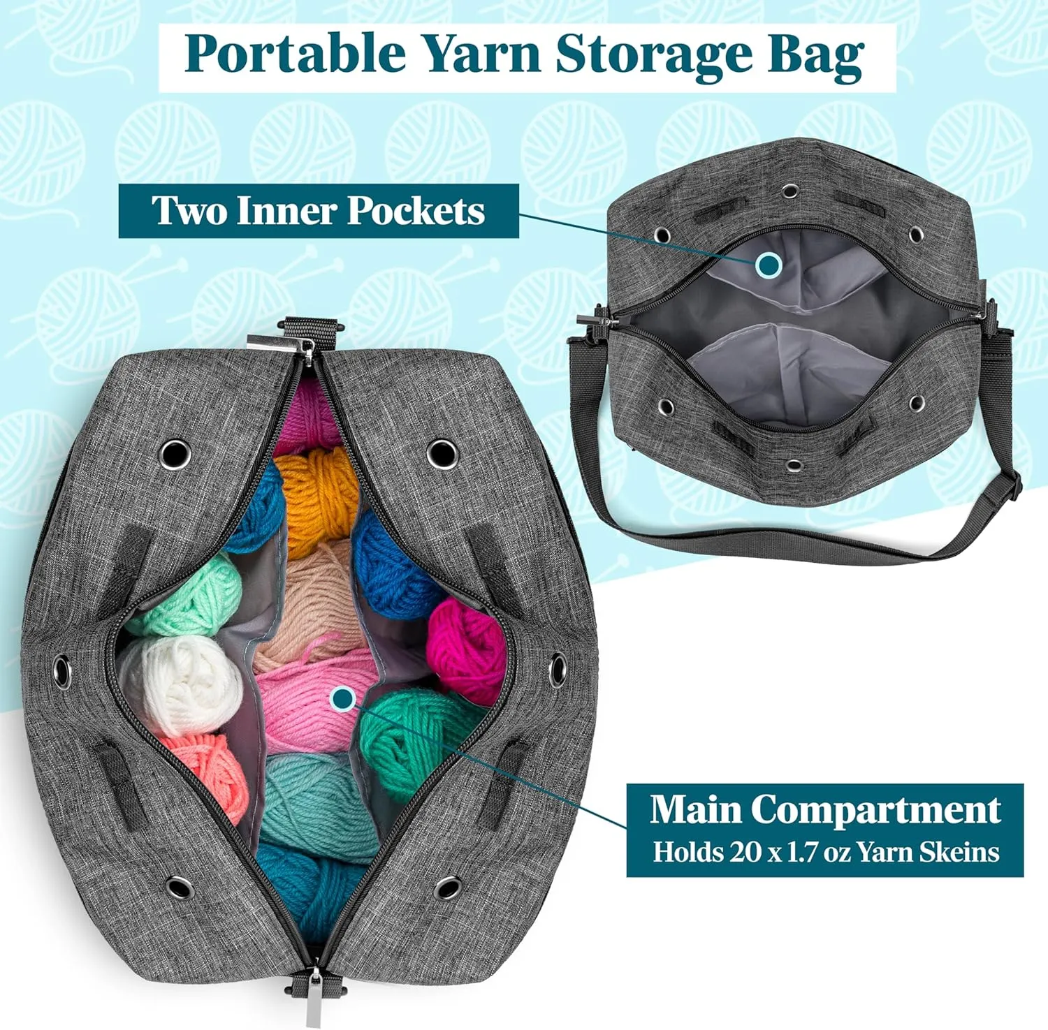 PAVILIA Yarn Bag Knitting Crochet Bag Organizer, Yarn Bags For Crocheting On The Go, Yarn Storage Project Bag for Crochet Knitting Accessories, Gifts For Crocheter Knitter, Charcoal Grey