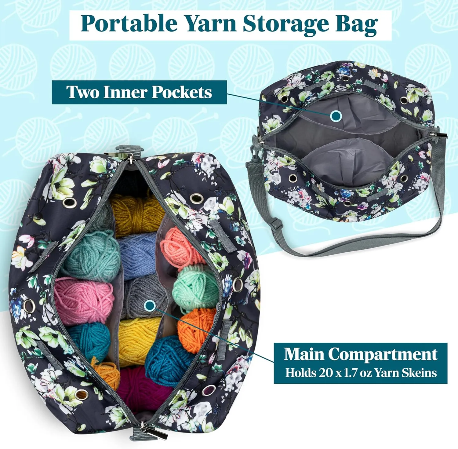 PAVILIA Yarn Bag Knitting Crochet Bag Organizer, Yarn Bags For Crocheting On The Go, Yarn Storage Project Bag for Crochet Knitting Accessories, Gifts For Crocheter Knitter, Grey Floral