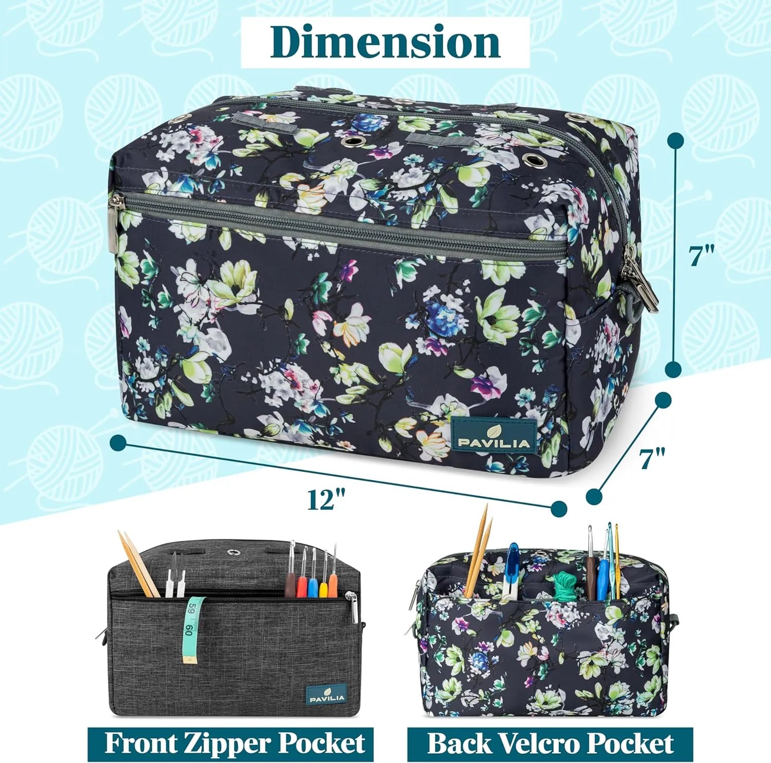 PAVILIA Yarn Bag Knitting Crochet Bag Organizer, Yarn Bags For Crocheting On The Go, Yarn Storage Project Bag for Crochet Knitting Accessories, Gifts For Crocheter Knitter, Grey Floral