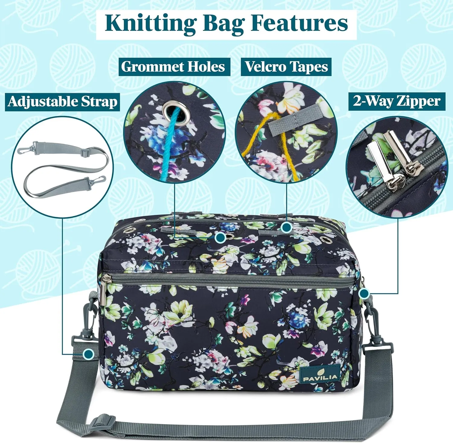 PAVILIA Yarn Bag Knitting Crochet Bag Organizer, Yarn Bags For Crocheting On The Go, Yarn Storage Project Bag for Crochet Knitting Accessories, Gifts For Crocheter Knitter, Grey Floral