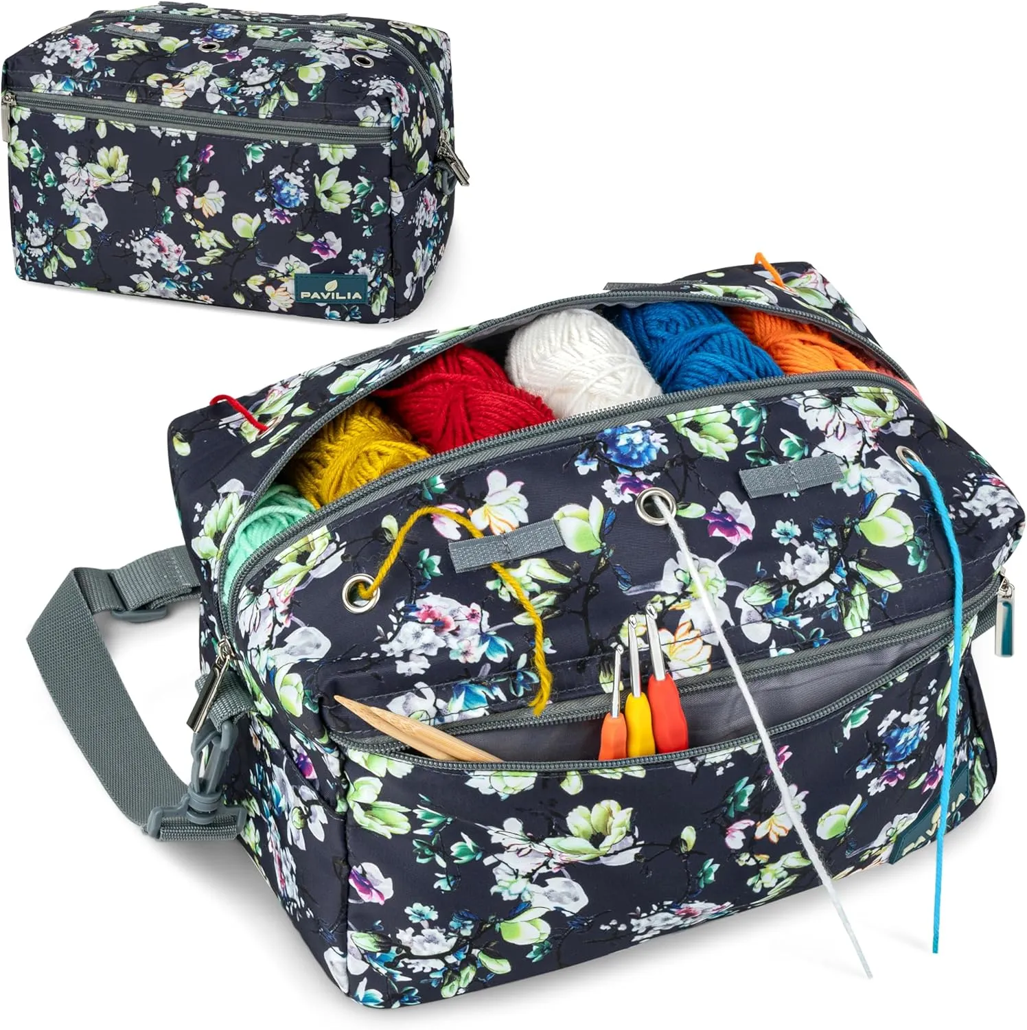 PAVILIA Yarn Bag Knitting Crochet Bag Organizer, Yarn Bags For Crocheting On The Go, Yarn Storage Project Bag for Crochet Knitting Accessories, Gifts For Crocheter Knitter, Grey Floral