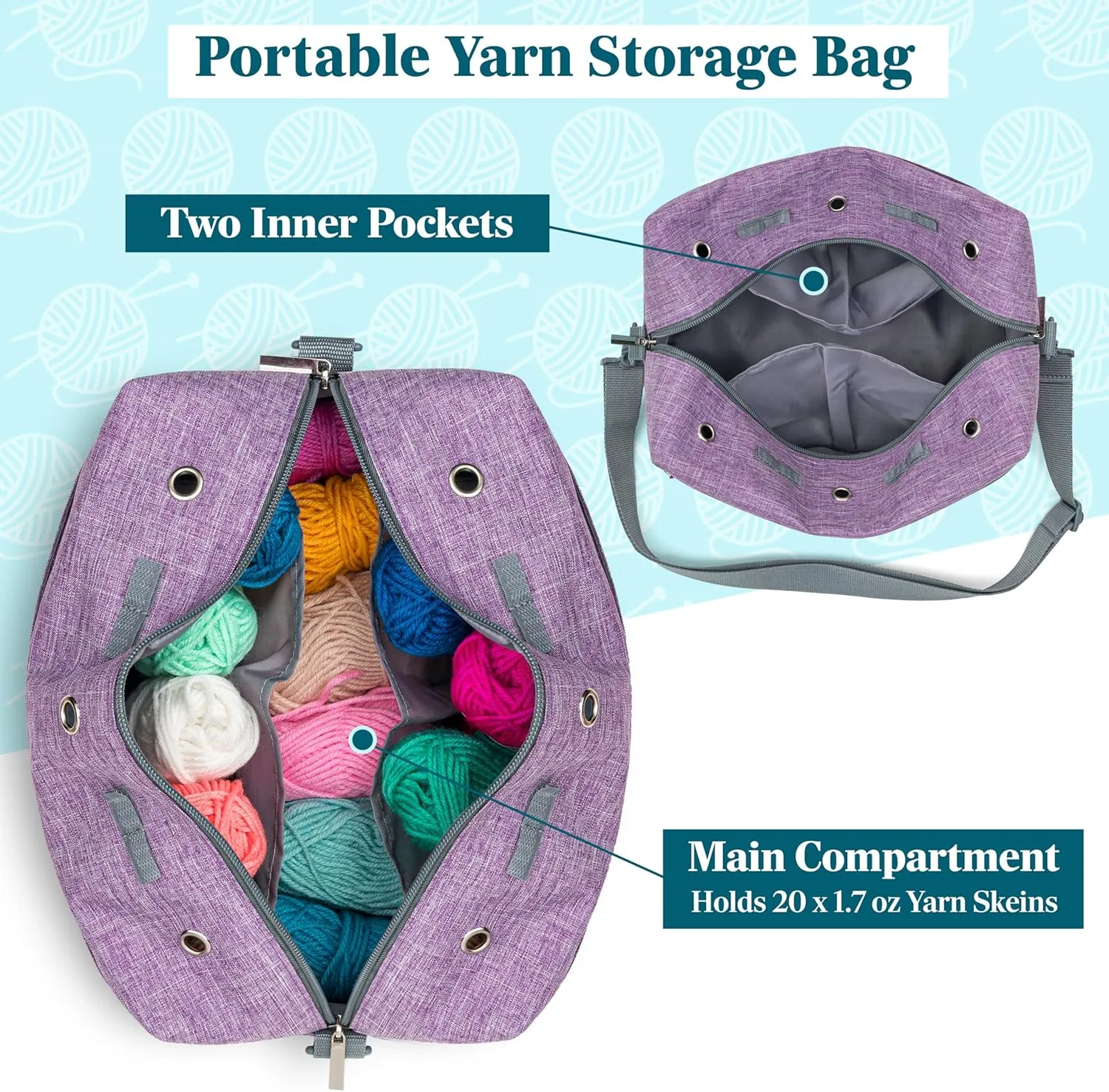 PAVILIA Yarn Bag Knitting Crochet Bag Organizer, Yarn Bags For Crocheting On The Go, Yarn Storage Project Bag for Crochet Knitting Accessories, Gifts For Crocheter Knitter, Purple