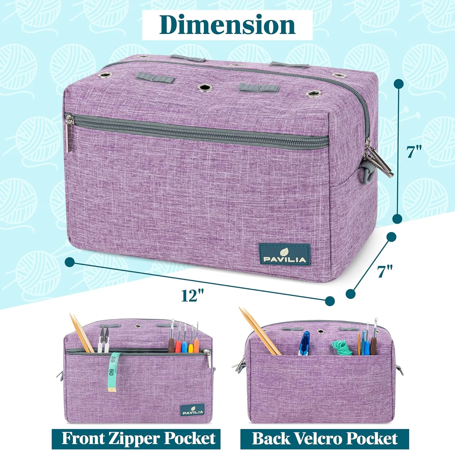 PAVILIA Yarn Bag Knitting Crochet Bag Organizer, Yarn Bags For Crocheting On The Go, Yarn Storage Project Bag for Crochet Knitting Accessories, Gifts For Crocheter Knitter, Purple