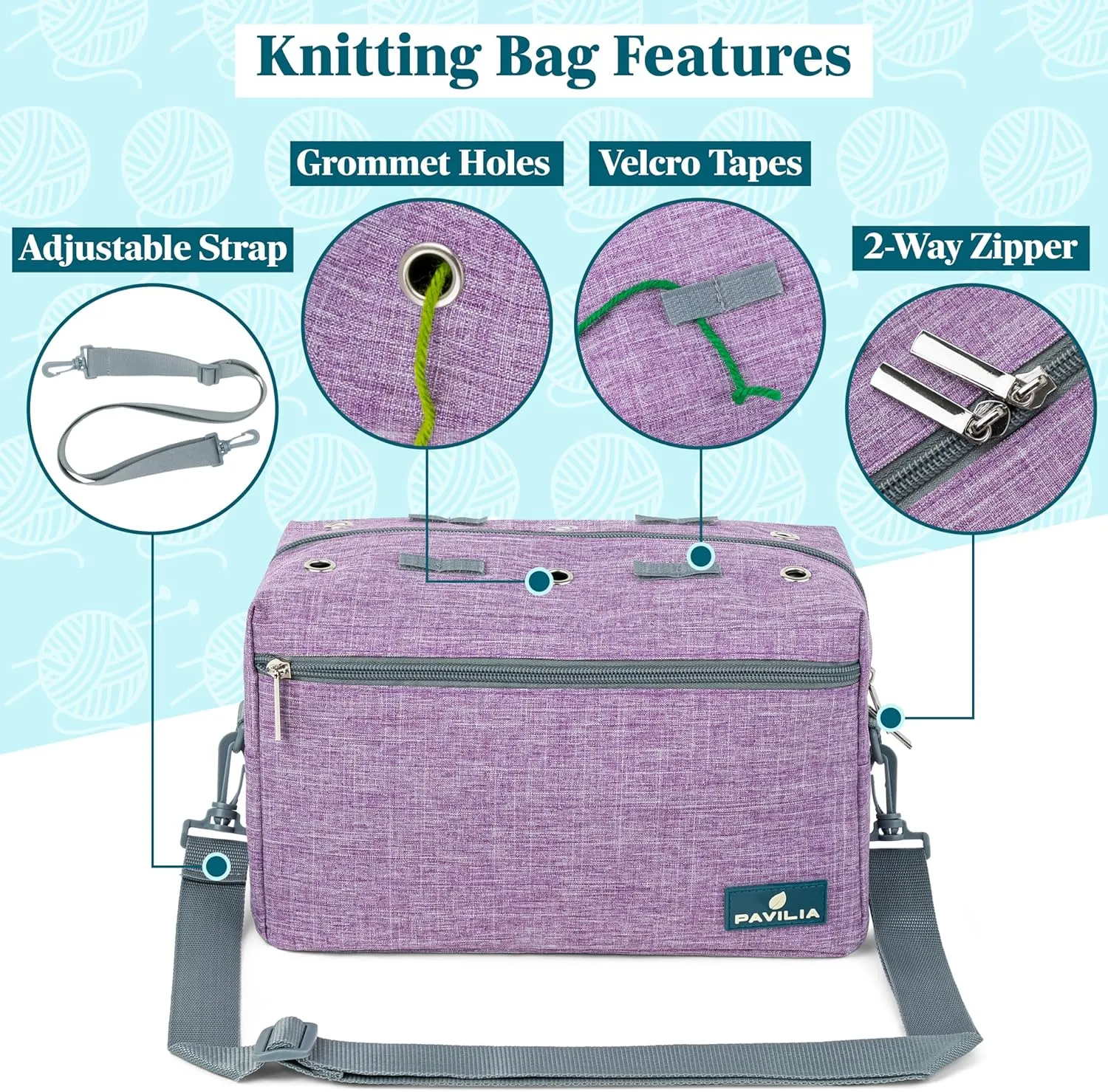 PAVILIA Yarn Bag Knitting Crochet Bag Organizer, Yarn Bags For Crocheting On The Go, Yarn Storage Project Bag for Crochet Knitting Accessories, Gifts For Crocheter Knitter, Purple