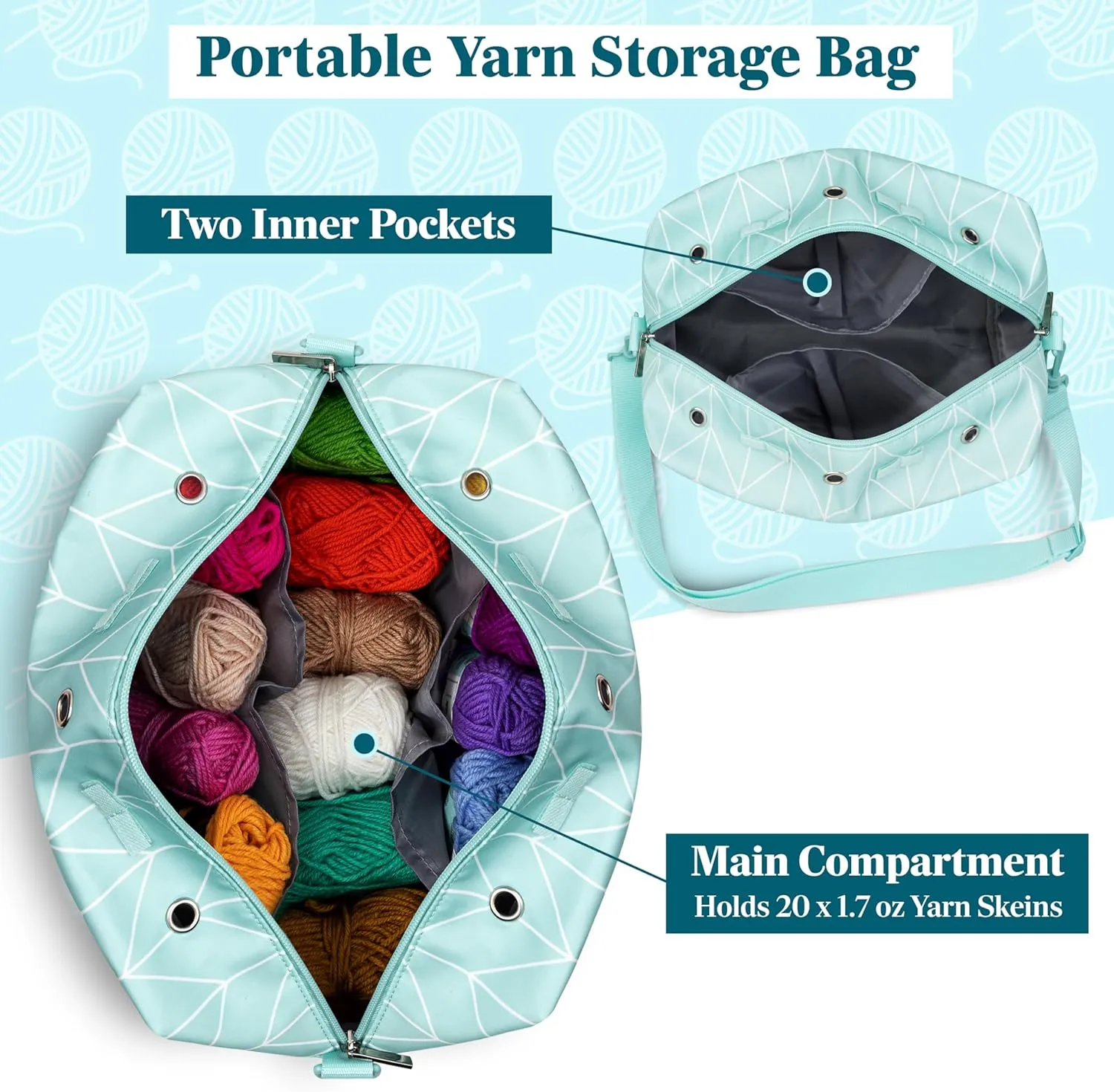 PAVILIA Yarn Bag Knitting Crochet Bag Organizer, Yarn Bags For Crocheting On The Go, Yarn Storage Project Bag for Crochet Knitting Accessories, Gifts For Crocheter Knitter, Teal