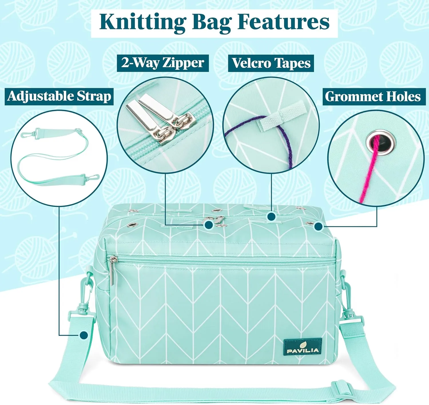 PAVILIA Yarn Bag Knitting Crochet Bag Organizer, Yarn Bags For Crocheting On The Go, Yarn Storage Project Bag for Crochet Knitting Accessories, Gifts For Crocheter Knitter, Teal