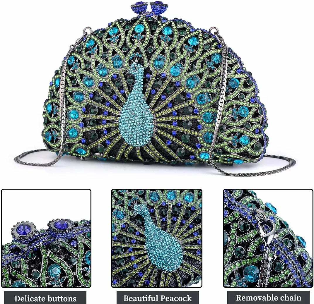 Peacock Luxury Rhinestone Crystal Evening Clutch Bag Sparkly Bride Wedding Party Purses for Women