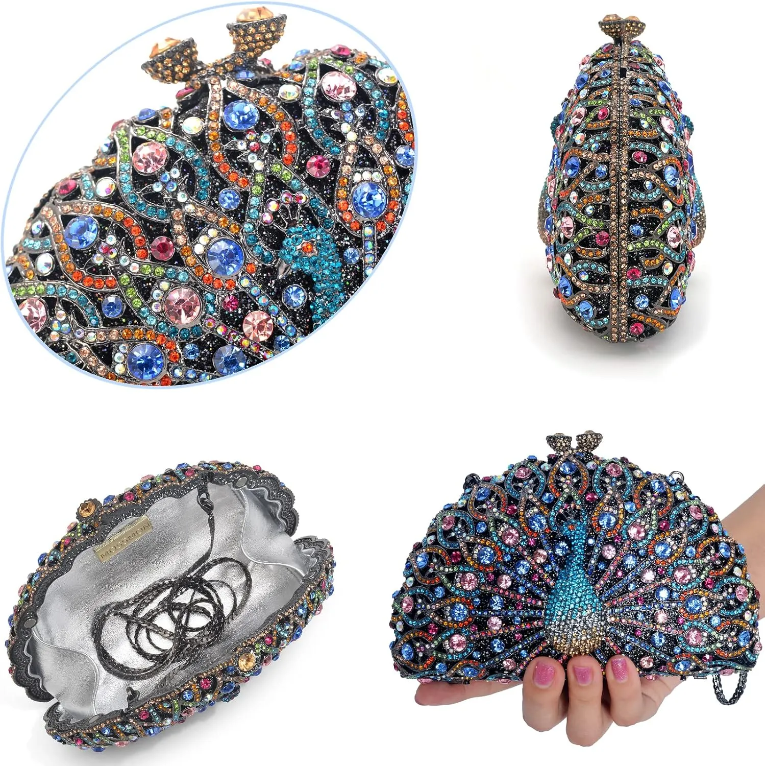 Peacock Luxury Rhinestone Crystal Evening Clutch Bag Sparkly Bride Wedding Party Purses for Women