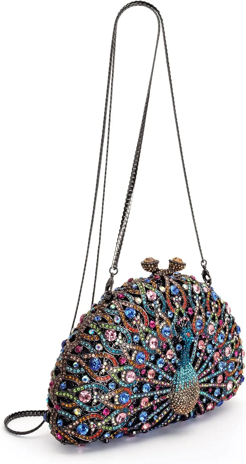 Peacock Luxury Rhinestone Crystal Evening Clutch Bag Sparkly Bride Wedding Party Purses for Women