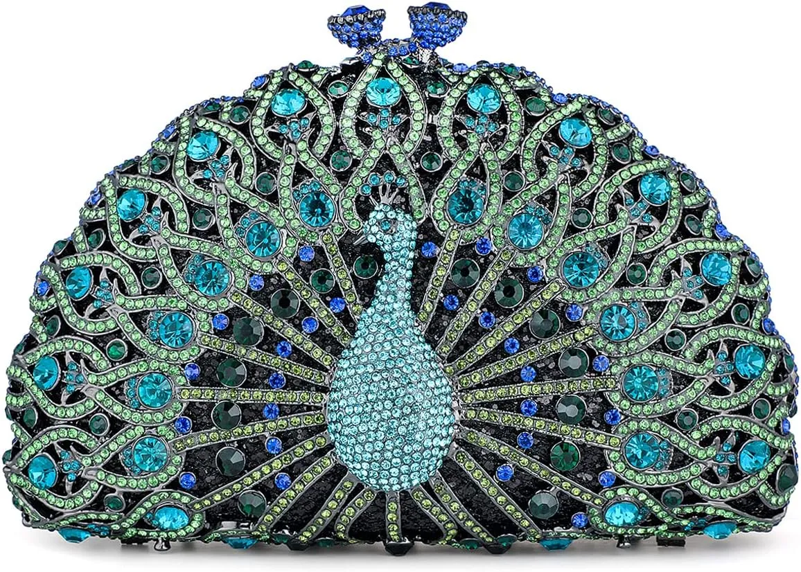 Peacock Luxury Rhinestone Crystal Evening Clutch Bag Sparkly Bride Wedding Party Purses for Women