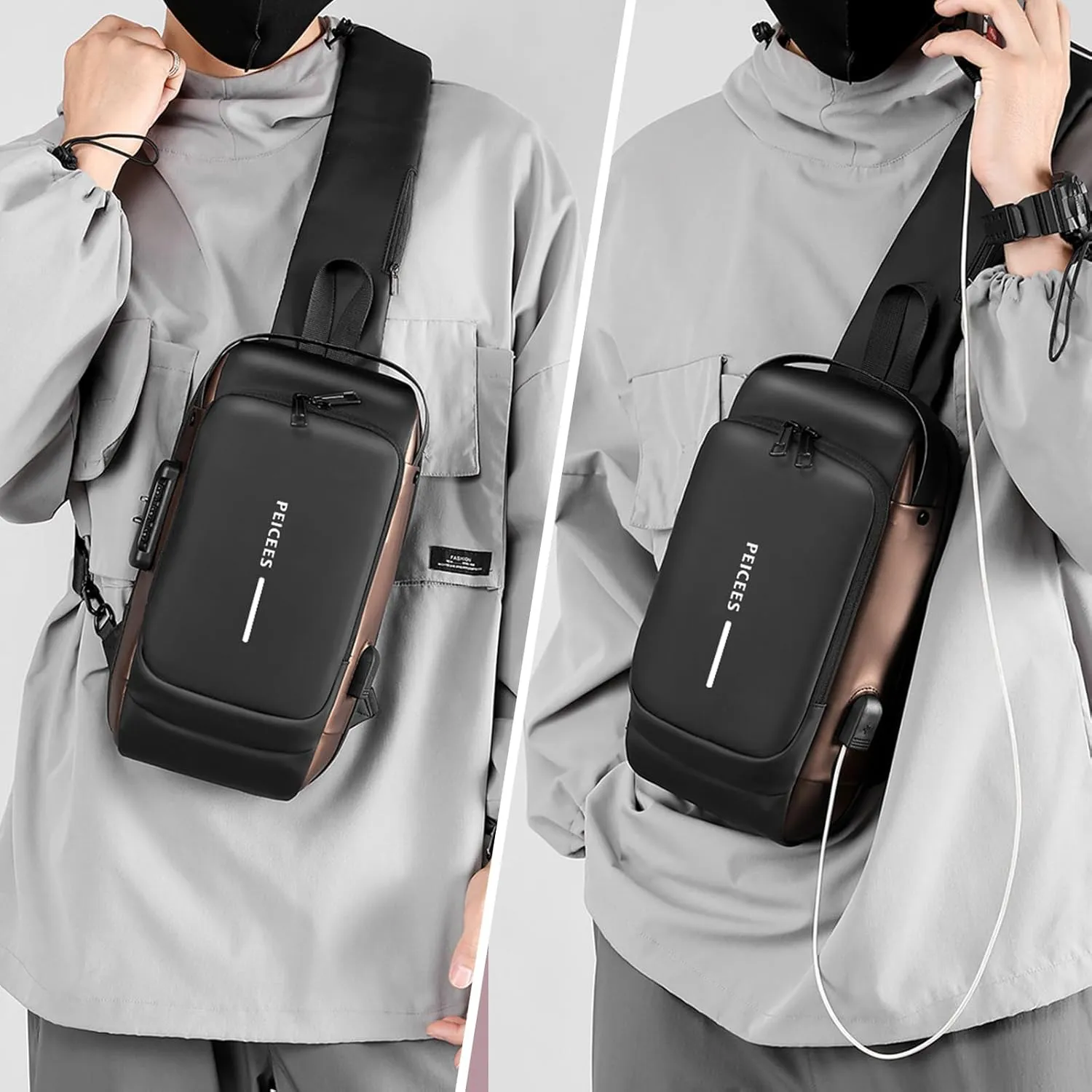 Peicees Mens Crossbody Bag Man Bags Mens Purse Anti-theft Leather Sling Bag Shoulder Bag Chest Bag for Daily Use, Black Gold