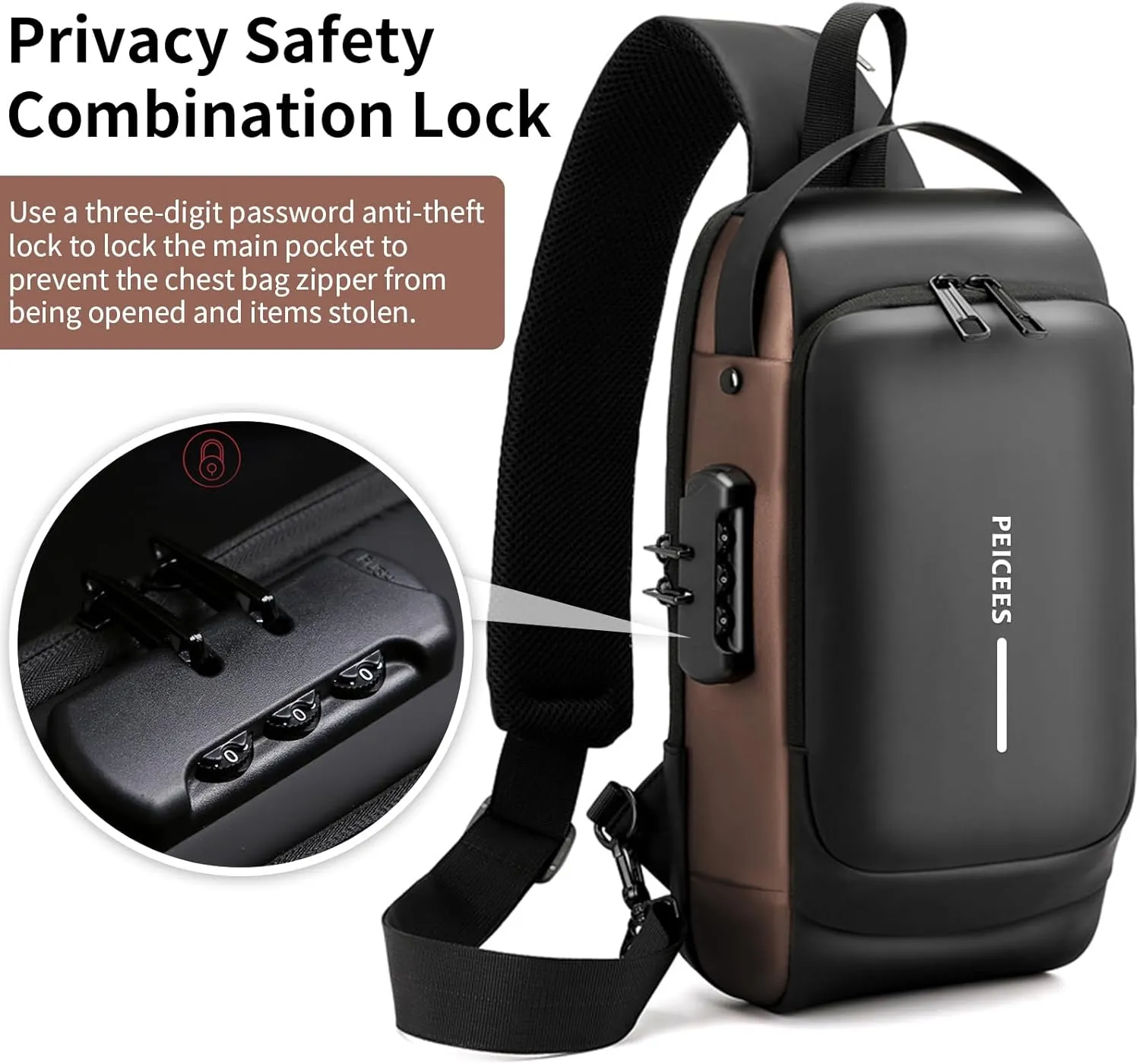 Peicees Mens Crossbody Bag Man Bags Mens Purse Anti-theft Leather Sling Bag Shoulder Bag Chest Bag for Daily Use, Black Gold