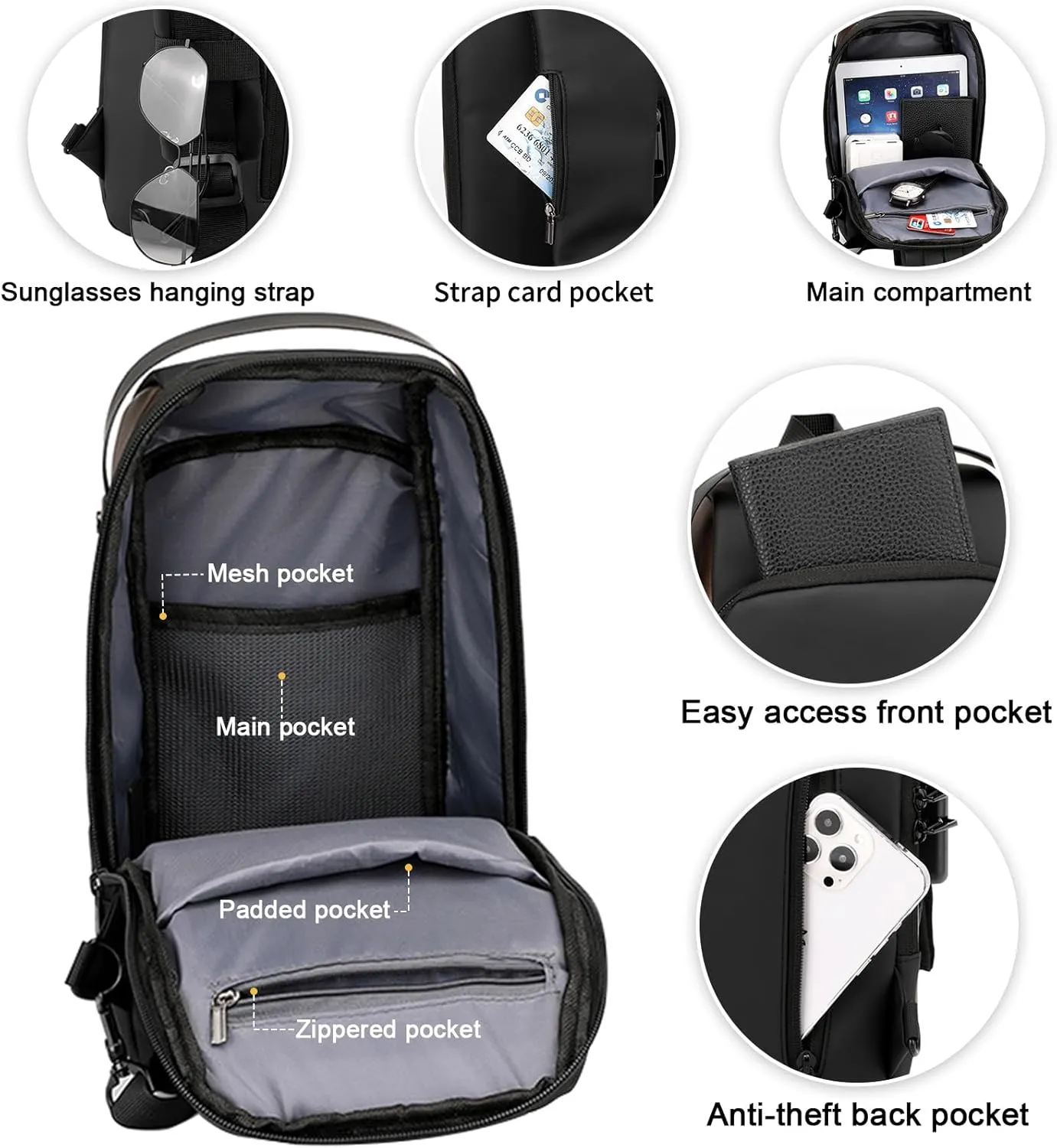 Peicees Mens Crossbody Bag Man Bags Mens Purse Anti-theft Leather Sling Bag Shoulder Bag Chest Bag for Daily Use, Black Gold