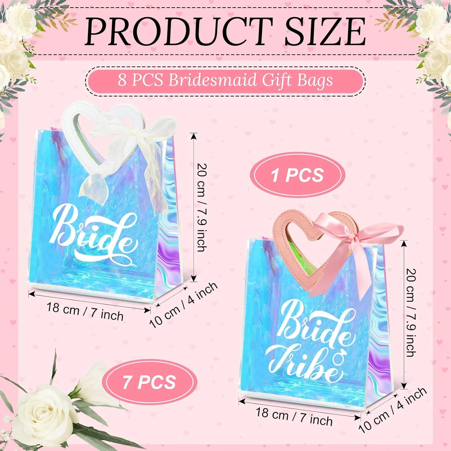 PerKoop 8 Pcs Bridesmaid Gift Bags Bachelorette Party Favors PVC Wedding Bachelorette Gift Bags with Handles Large Clear Bride Goody Pouches, 1 Bride 7 Bridesmaid for Shower(Heart Style)
