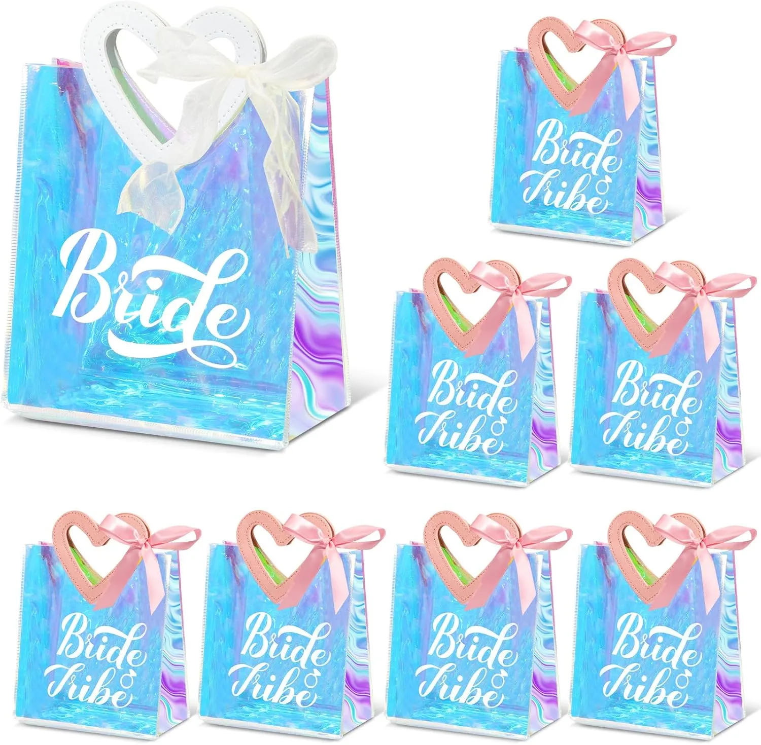PerKoop 8 Pcs Bridesmaid Gift Bags Bachelorette Party Favors PVC Wedding Bachelorette Gift Bags with Handles Large Clear Bride Goody Pouches, 1 Bride 7 Bridesmaid for Shower(Heart Style)