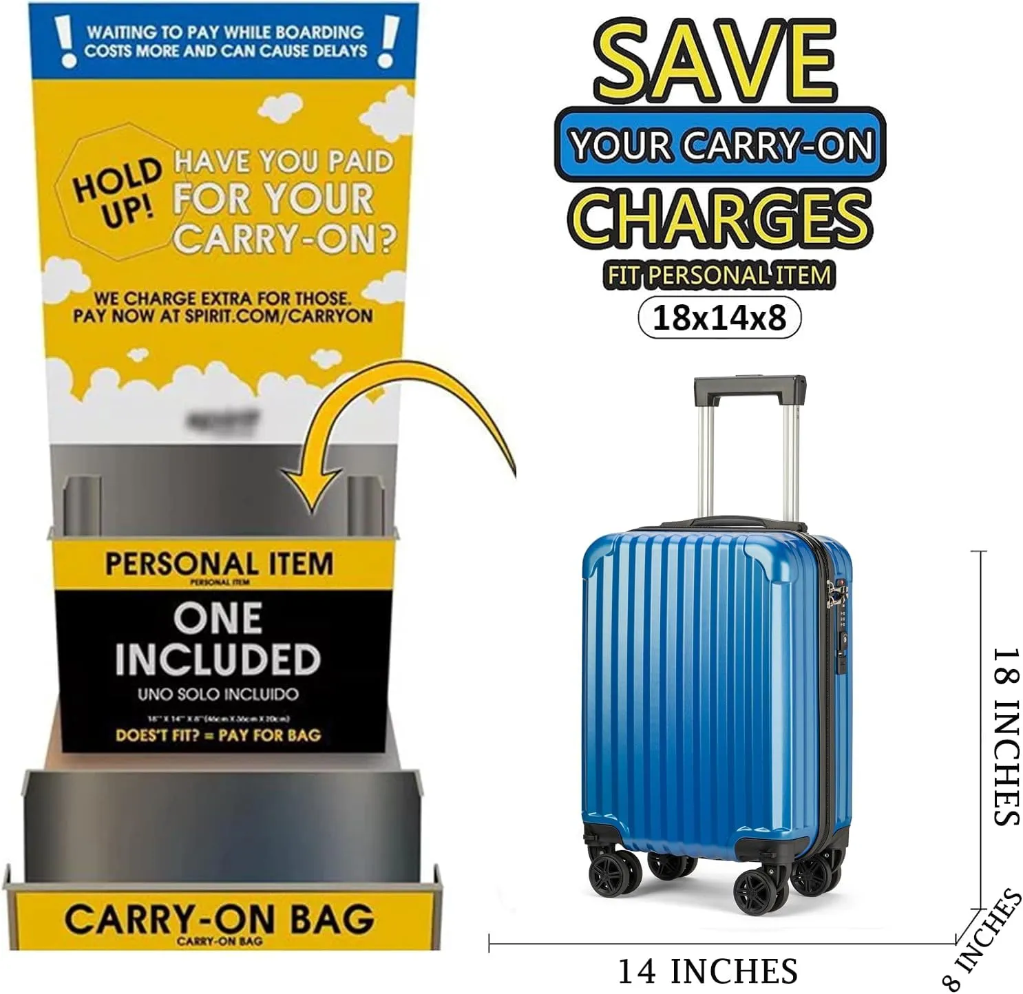 Personal Item Suitcase 18x14x8 Inches Hardside Built In TSA Lock & USB Port Lightweight Luggage Silent Double Spinner Wheels Maximum Underseat Carry-On Bag For Spirit and Frontier (Royal Blue)