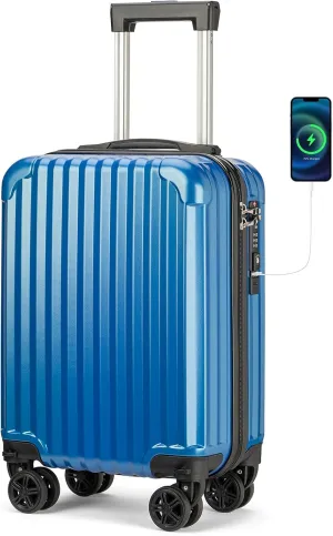 Personal Item Suitcase 18x14x8 Inches Hardside Built In TSA Lock & USB Port Lightweight Luggage Silent Double Spinner Wheels Maximum Underseat Carry-On Bag For Spirit and Frontier (Royal Blue)