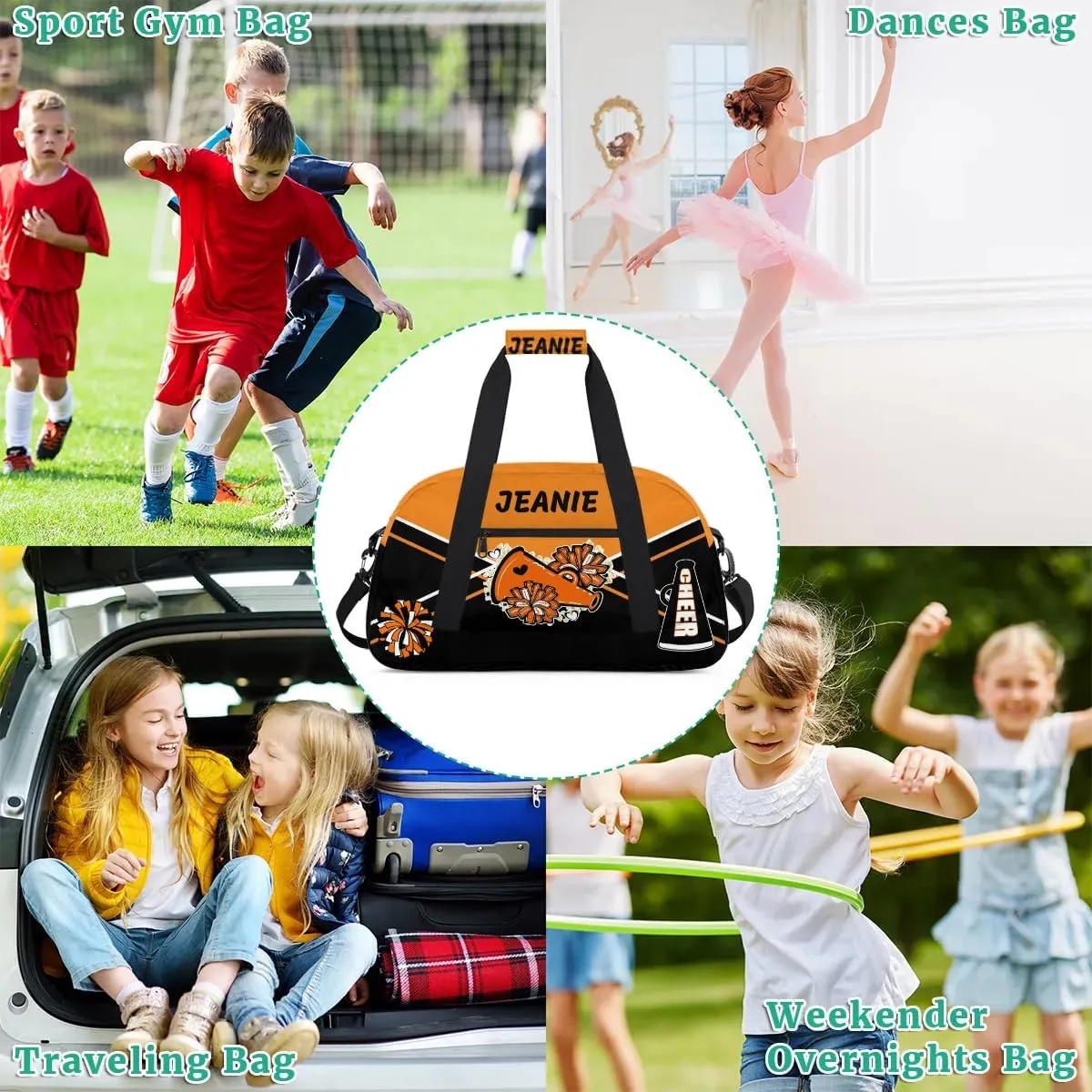 Personalize Cheer Bags for Girls Kids Cheerleaders with Custom Name Dancing Sport Gym Perform Training Duffel Bags for Overnight Weekender Travel Orange Black 4