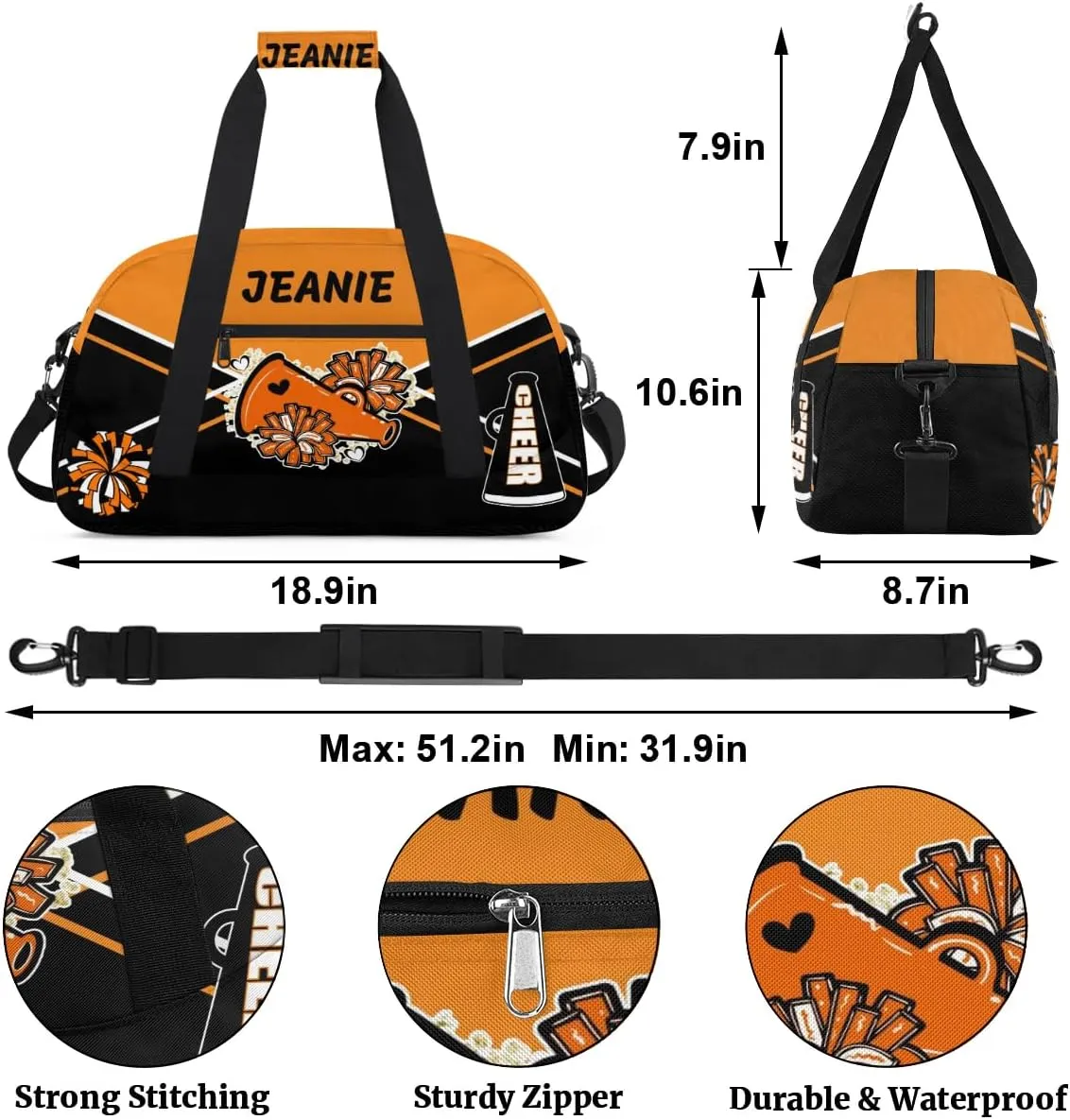Personalize Cheer Bags for Girls Kids Cheerleaders with Custom Name Dancing Sport Gym Perform Training Duffel Bags for Overnight Weekender Travel Orange Black 4