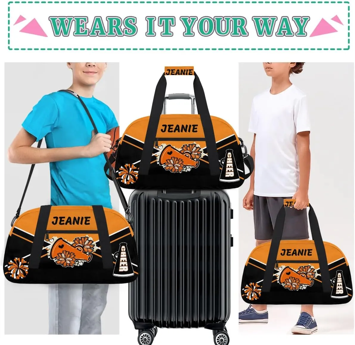 Personalize Cheer Bags for Girls Kids Cheerleaders with Custom Name Dancing Sport Gym Perform Training Duffel Bags for Overnight Weekender Travel Orange Black 4