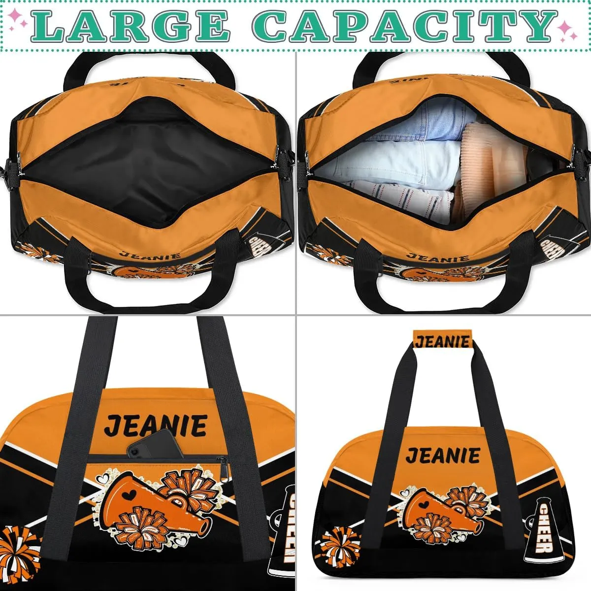 Personalize Cheer Bags for Girls Kids Cheerleaders with Custom Name Dancing Sport Gym Perform Training Duffel Bags for Overnight Weekender Travel Orange Black 4