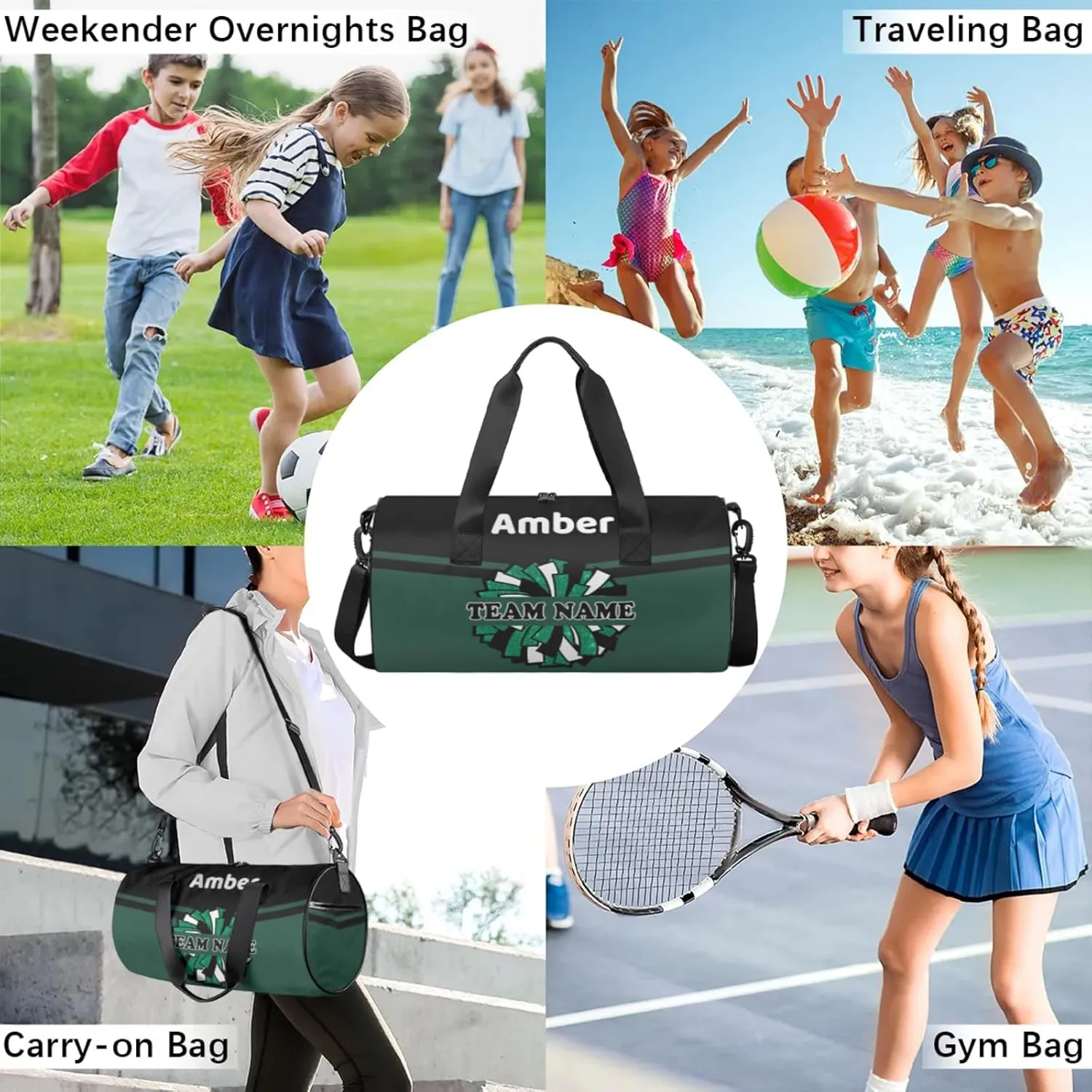 Personalized Cheer Bag for Women, Custom Name Overnight Duffel Bags Sport Gym Bag Travel Weekender Bag for Cheerleader Team Gifts, Dark Green