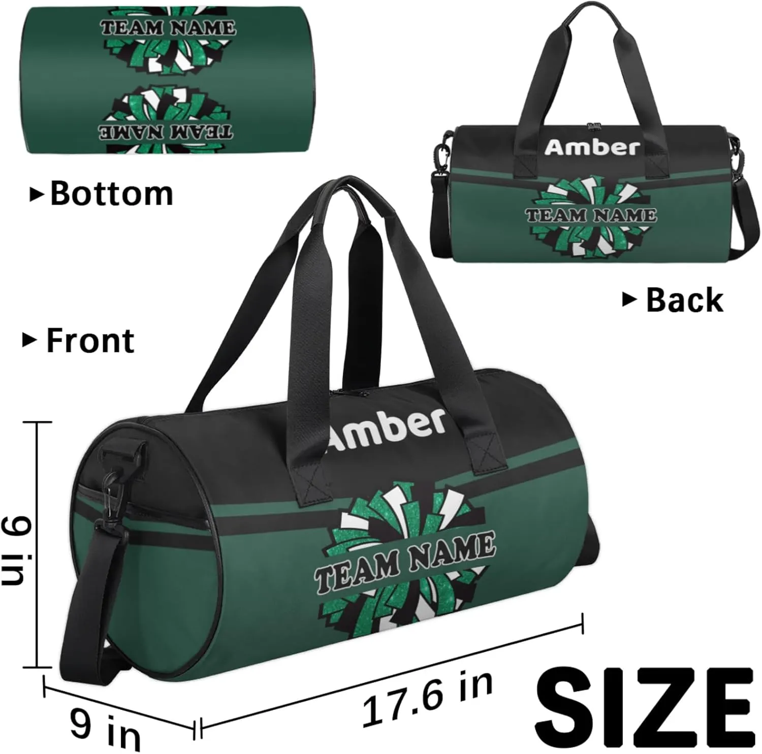 Personalized Cheer Bag for Women, Custom Name Overnight Duffel Bags Sport Gym Bag Travel Weekender Bag for Cheerleader Team Gifts, Dark Green