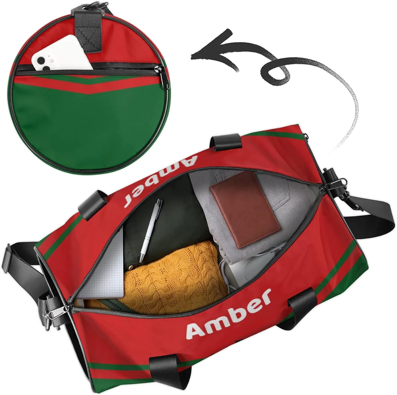 Personalized Cheer Bag for Women, Custom Name Overnight Duffel Bags Sport Gym Bag Travel Weekender Bag for Cheerleader Team Gifts, Red Green