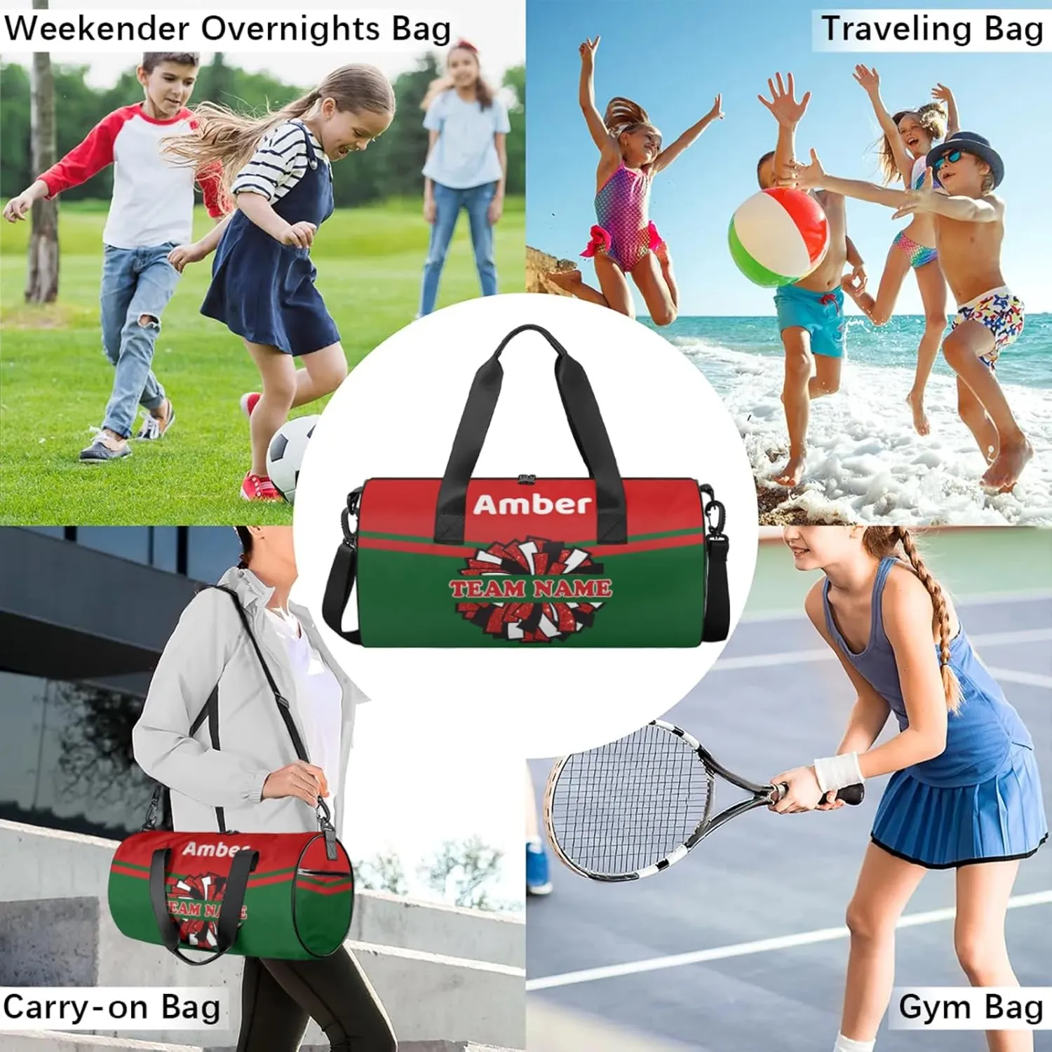 Personalized Cheer Bag for Women, Custom Name Overnight Duffel Bags Sport Gym Bag Travel Weekender Bag for Cheerleader Team Gifts, Red Green