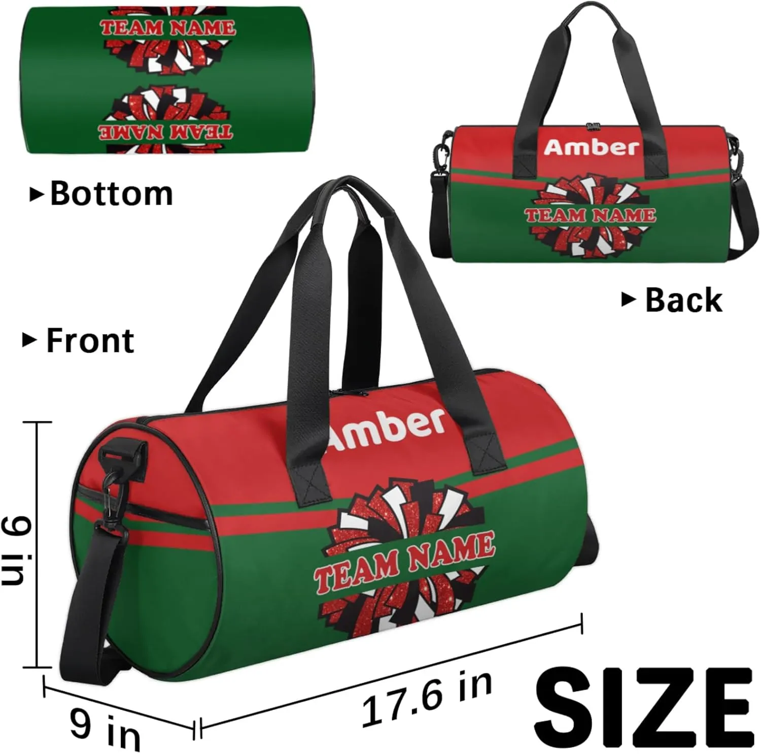 Personalized Cheer Bag for Women, Custom Name Overnight Duffel Bags Sport Gym Bag Travel Weekender Bag for Cheerleader Team Gifts, Red Green