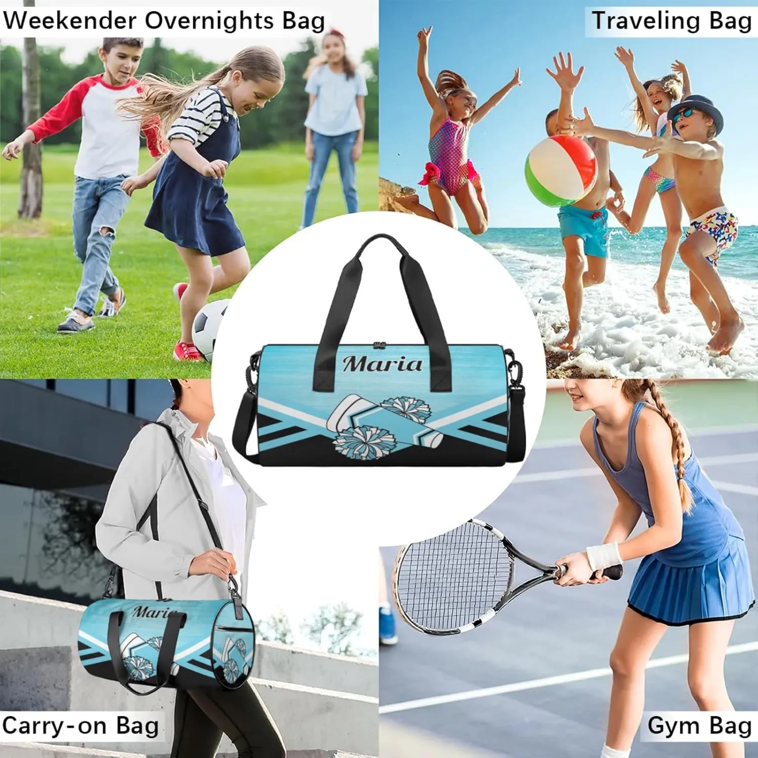 Personalized Cheer Bag for Women, Custom Overnight Duffel Bags Sport Gym Bag Travel Weekender Bag for Cheerleader Team Gifts, Blue Light