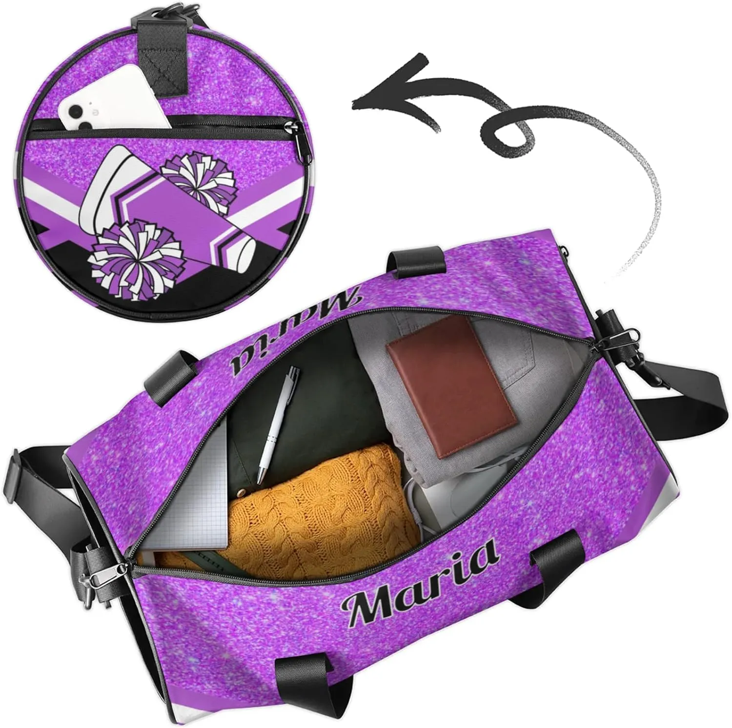 Personalized Cheer Bag for Women, Custom Overnight Duffel Bags Sport Gym Bag Travel Weekender Bag for Cheerleader Team Gifts, Purple Glitter