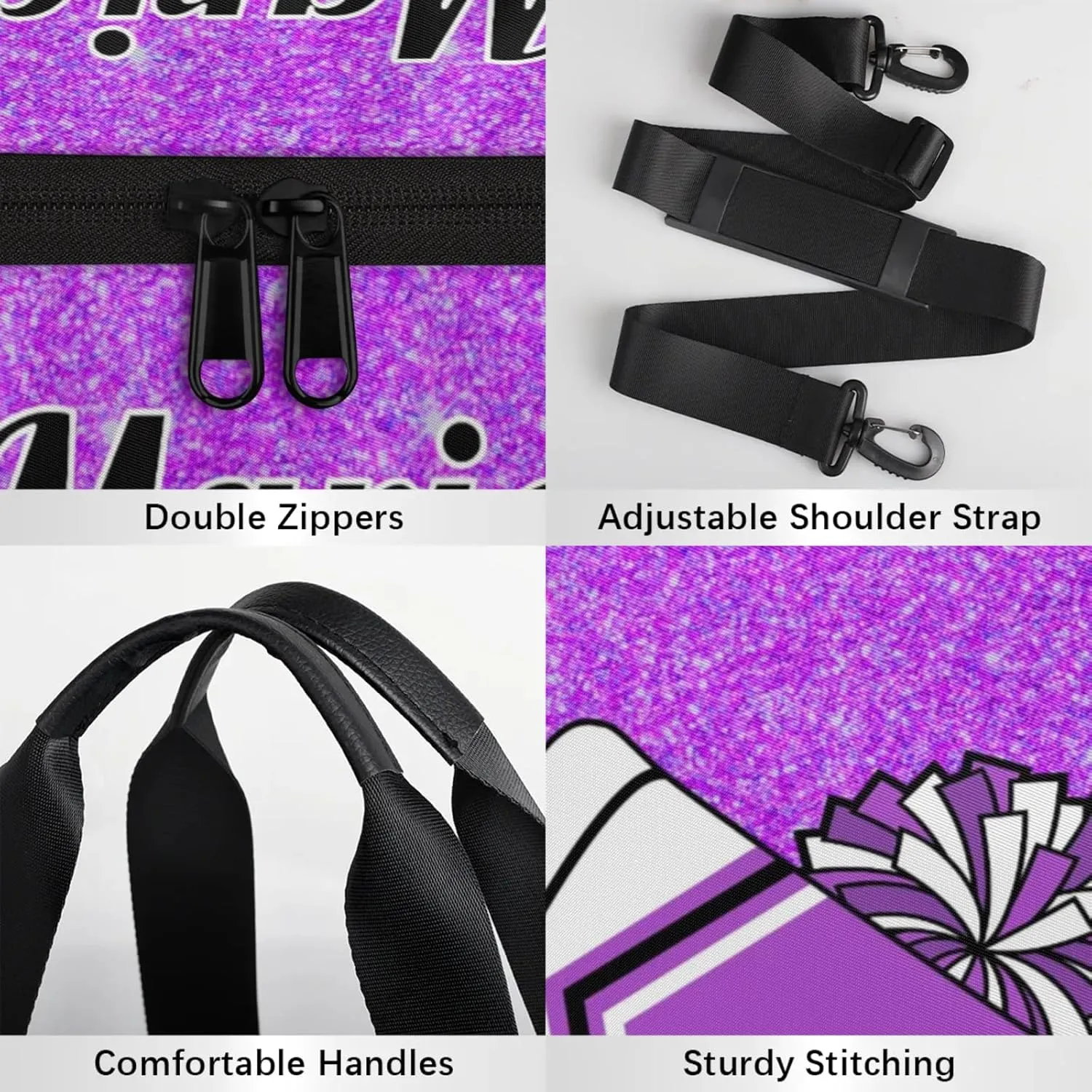 Personalized Cheer Bag for Women, Custom Overnight Duffel Bags Sport Gym Bag Travel Weekender Bag for Cheerleader Team Gifts, Purple Glitter
