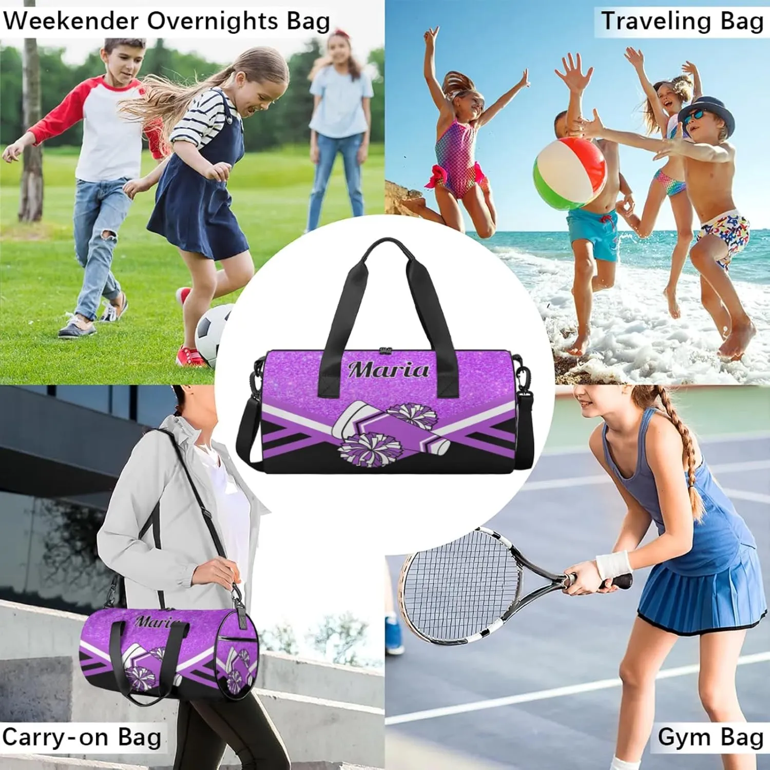 Personalized Cheer Bag for Women, Custom Overnight Duffel Bags Sport Gym Bag Travel Weekender Bag for Cheerleader Team Gifts, Purple Glitter