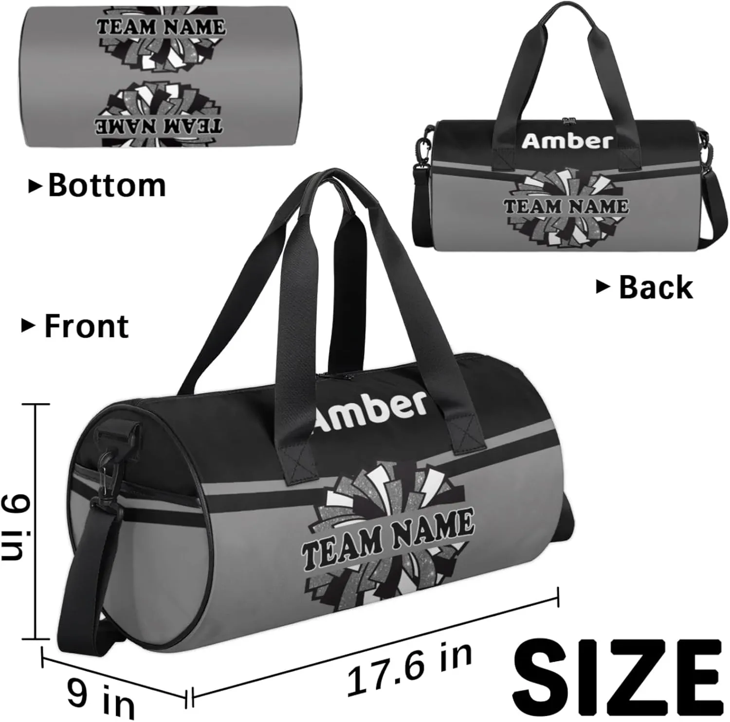 Personalized Cheer Bag with Name, Custom Overnight Duffel Bags Sport Gym Bag Travel Weekender Bag for Cheerleader Team Gifts, Black Gray