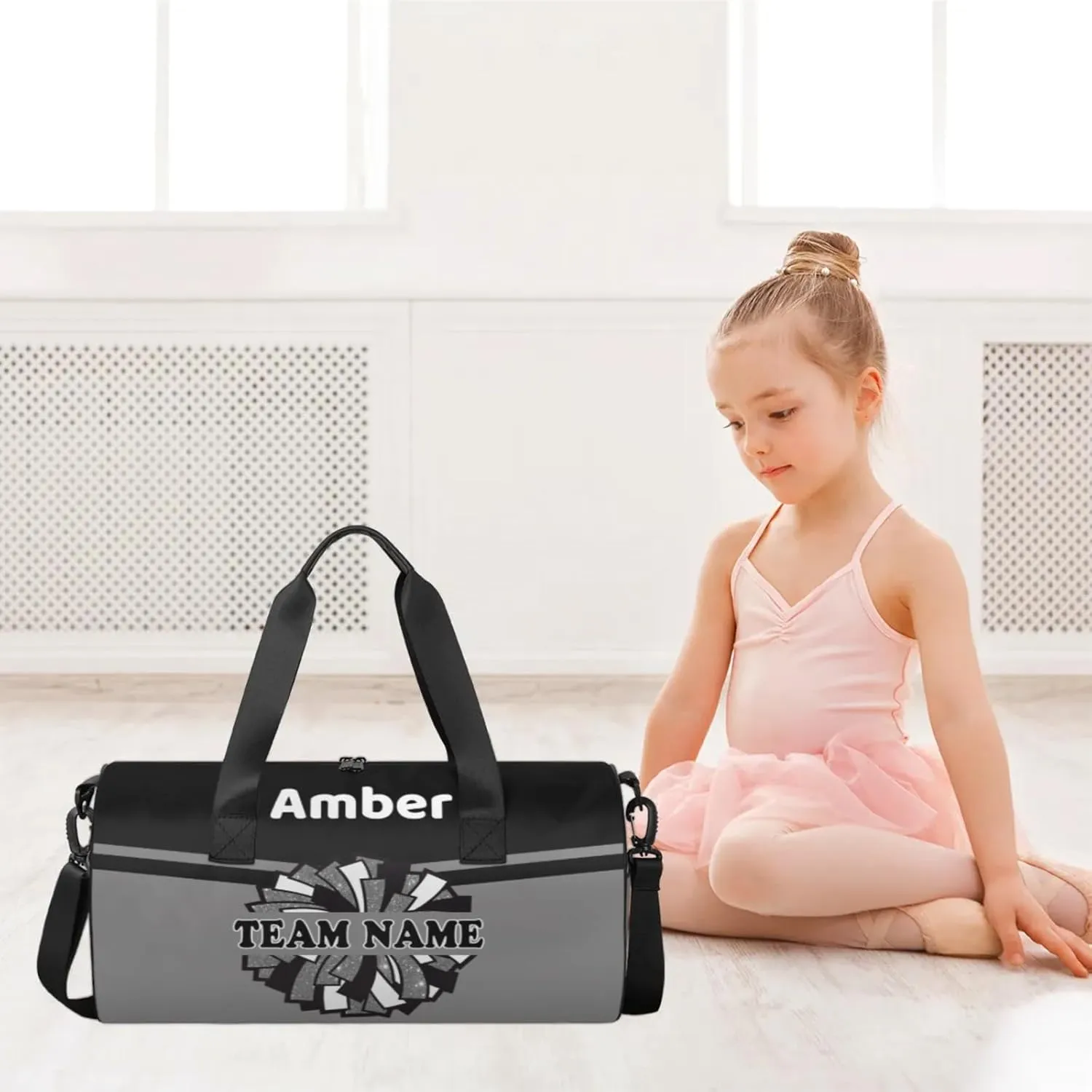 Personalized Cheer Bag with Name, Custom Overnight Duffel Bags Sport Gym Bag Travel Weekender Bag for Cheerleader Team Gifts, Black Gray