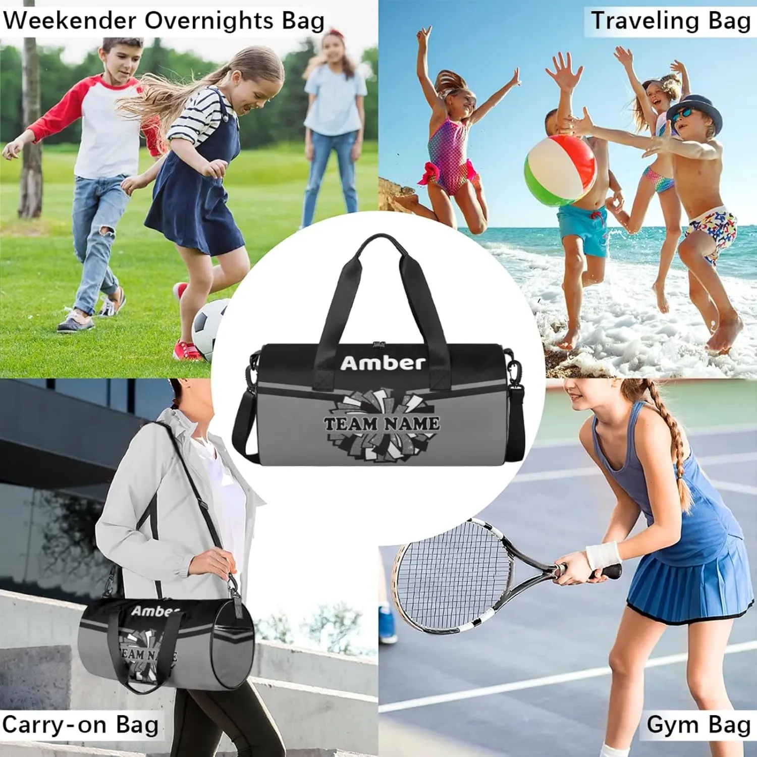 Personalized Cheer Bag with Name, Custom Overnight Duffel Bags Sport Gym Bag Travel Weekender Bag for Cheerleader Team Gifts, Black Gray