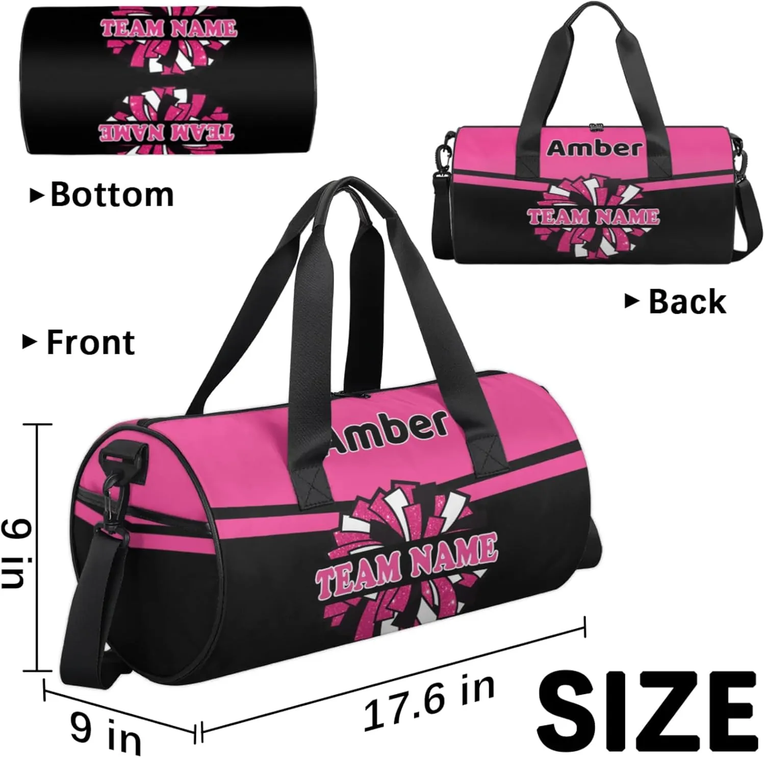 Personalized Cheer Bag with Name, Custom Overnight Duffel Bags Sport Gym Bag Travel Weekender Bag for Cheerleader Team Gifts, Black Red Purple