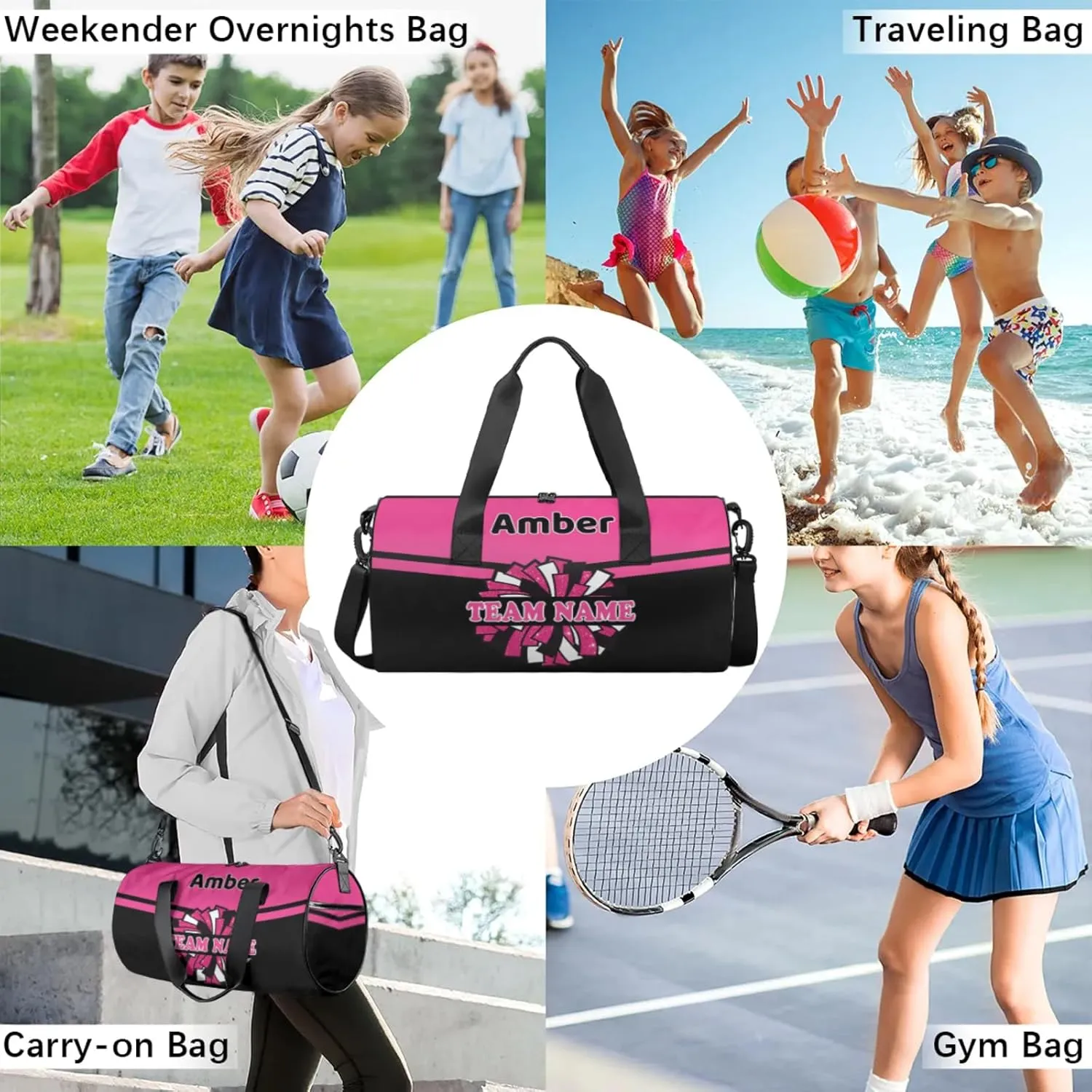 Personalized Cheer Bag with Name, Custom Overnight Duffel Bags Sport Gym Bag Travel Weekender Bag for Cheerleader Team Gifts, Black Red Purple