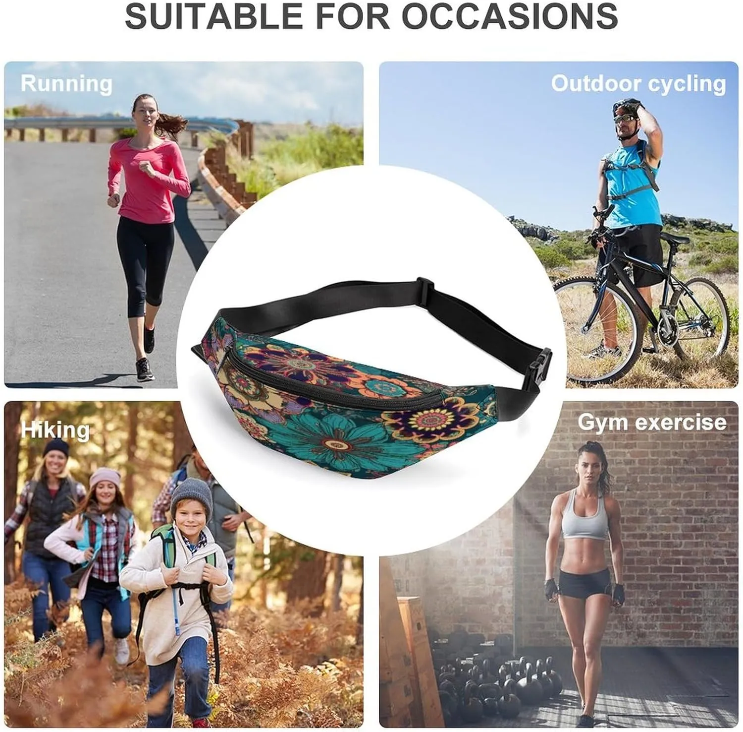 Personalized Waist Packs with Adjustable Strap,Bohemian Flower CrossBody Fanny Pack Casual Bag for Travel Sports Running Hiking
