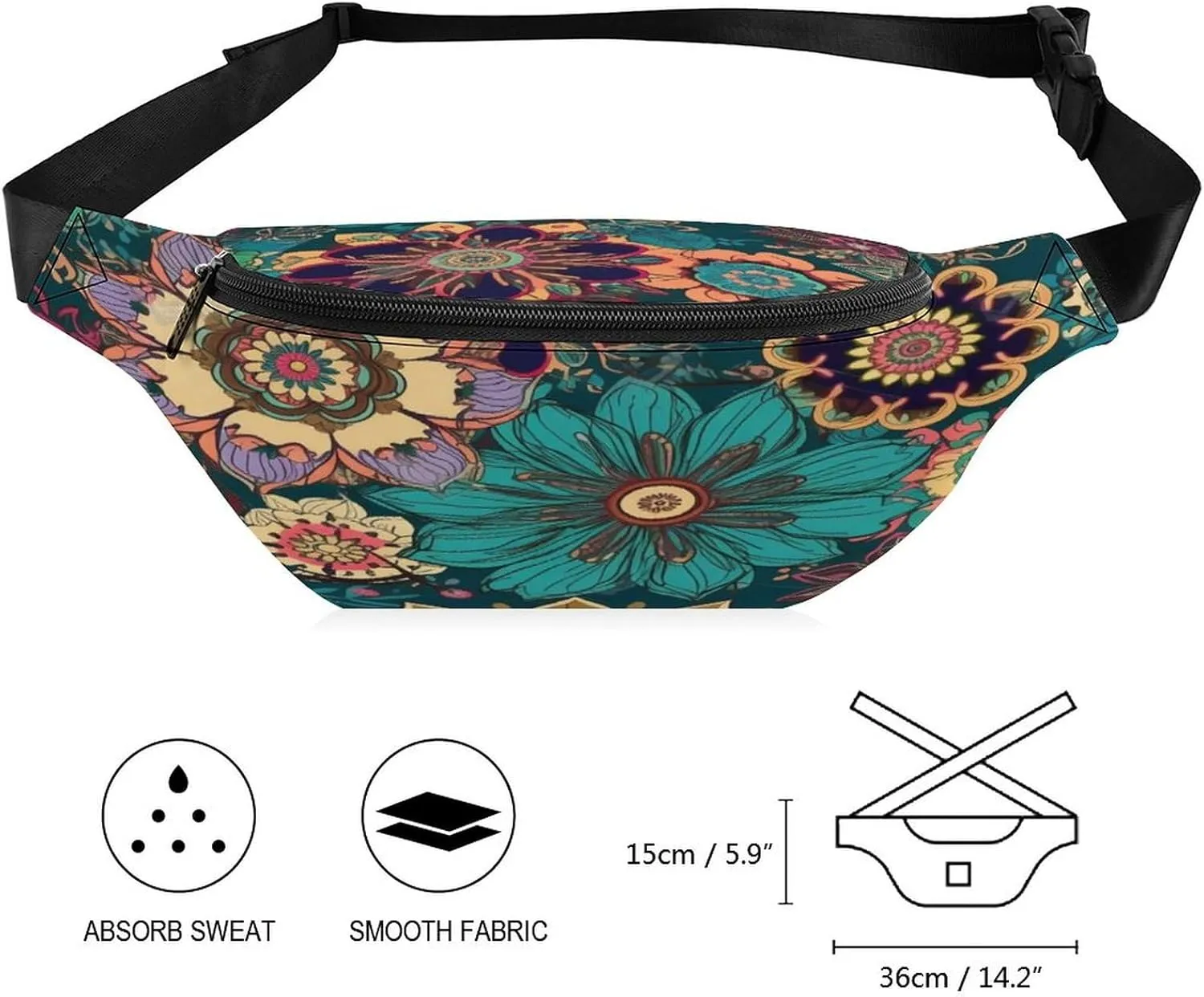 Personalized Waist Packs with Adjustable Strap,Bohemian Flower CrossBody Fanny Pack Casual Bag for Travel Sports Running Hiking