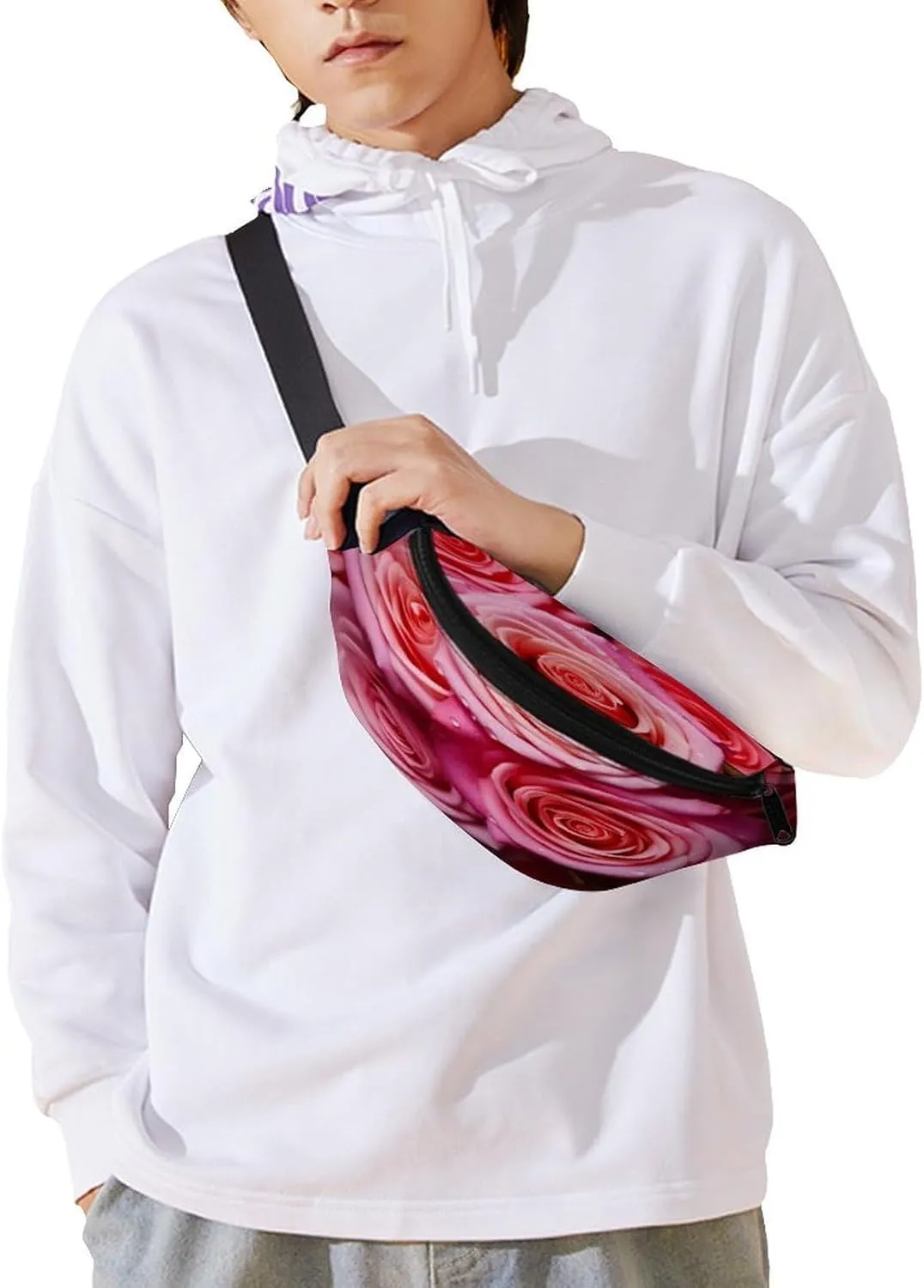 Personalized Waist Packs with Adjustable Strap,Elegant Rose Flower CrossBody Fanny Pack Casual Bag for Travel Sports Running Hiking